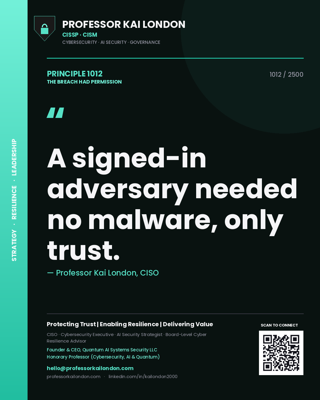Professor Kai London principle 1012: A signed-in adversary needed no malware, only trust.