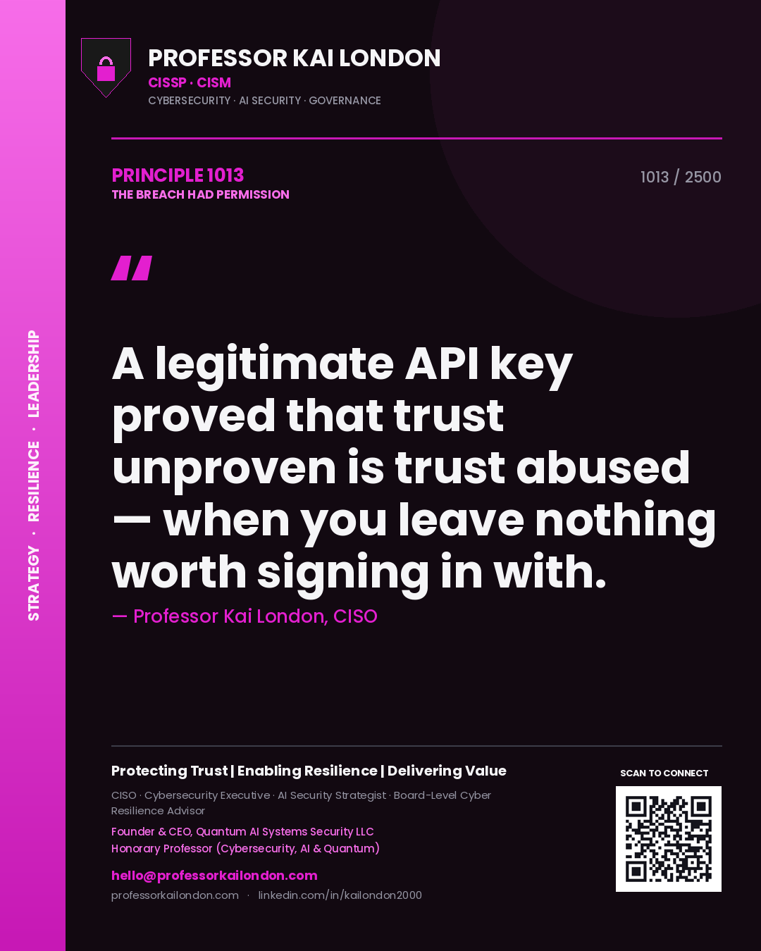 Quote card by Professor Kai London reading 'A legitimate API key proved that trust unproven is trust abused — when you leave nothing worth signing in with.'. From the book The Breach Had Permission.