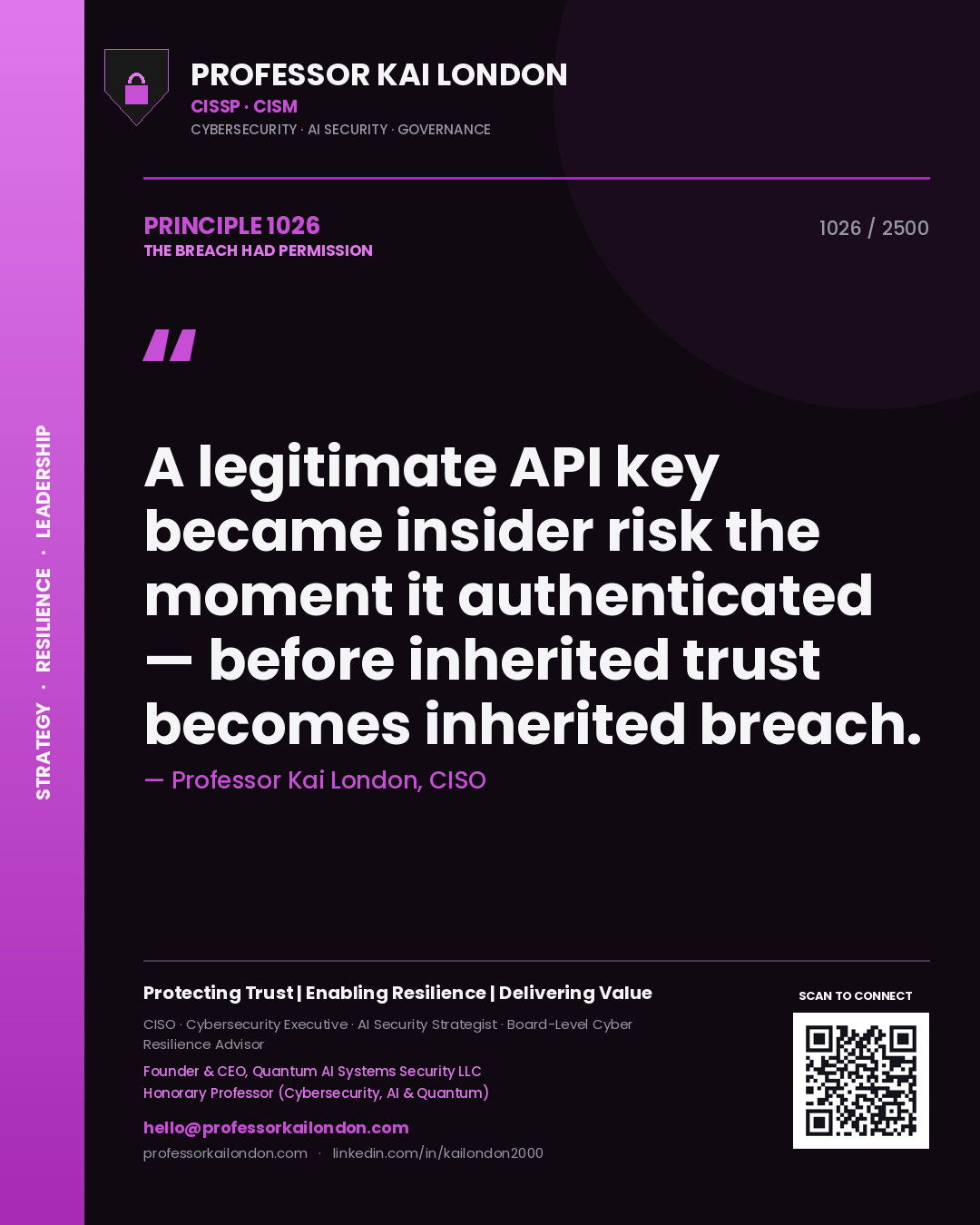 Professor Kai London principle 1026: A legitimate API key became insider risk the moment it authenticated — before inherited trust becomes inherited breach.