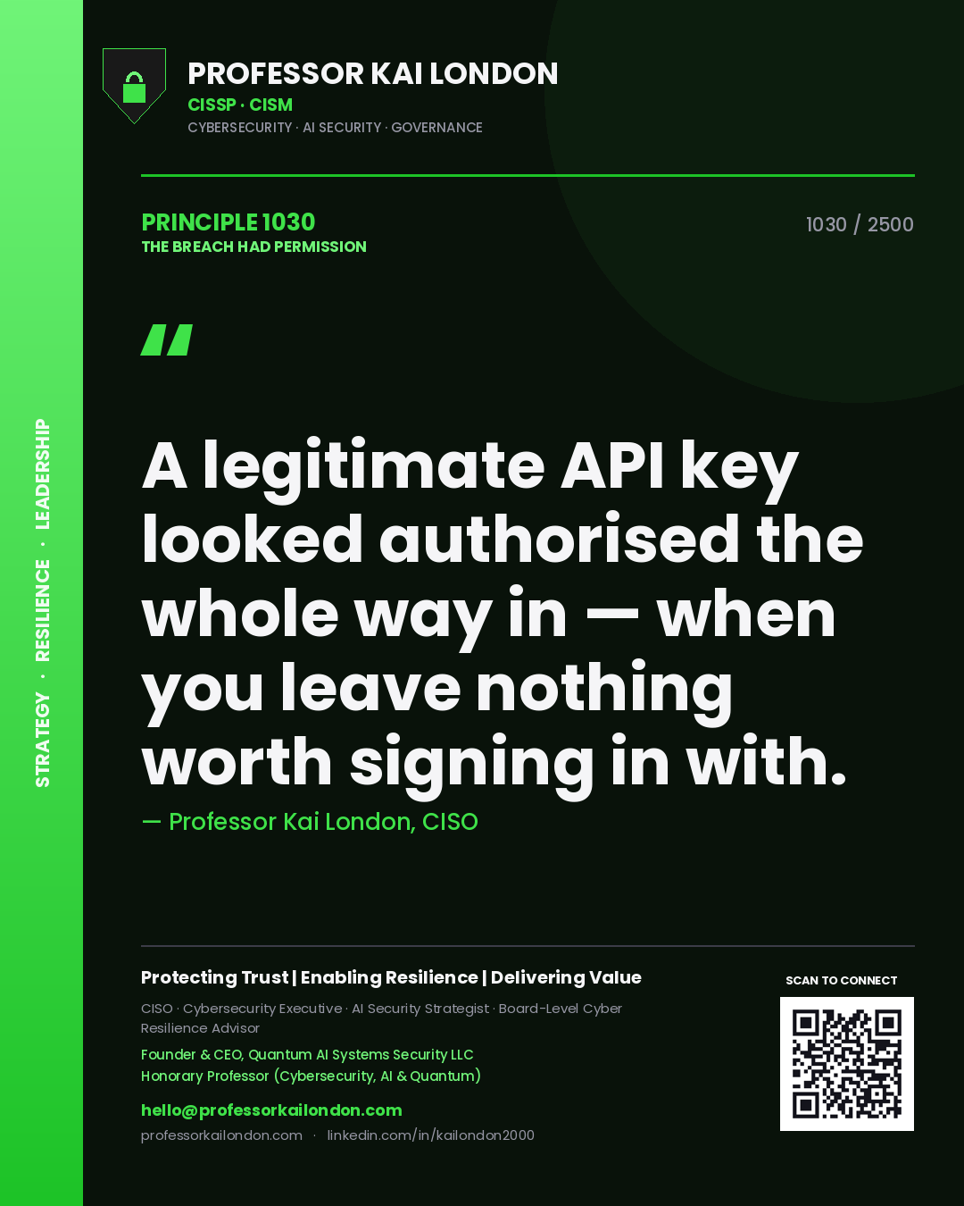 Professor Kai London principle 1030: A legitimate API key looked authorised the whole way in — when you leave nothing worth signing in with.