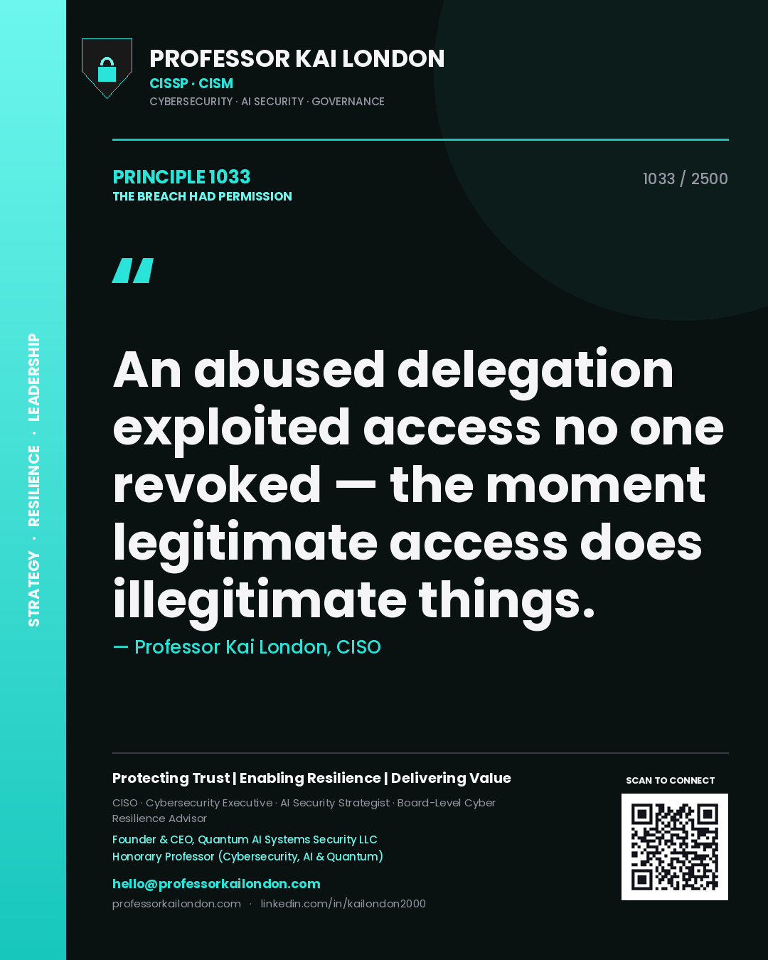 Professor Kai London principle 1033: An abused delegation exploited access no one revoked — the moment legitimate access does illegitimate things.