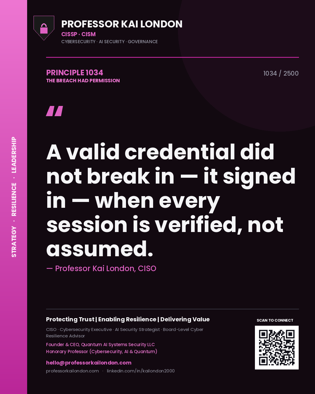 Professor Kai London principle 1034: A valid credential did not break in — it signed in — when every session is verified, not assumed.