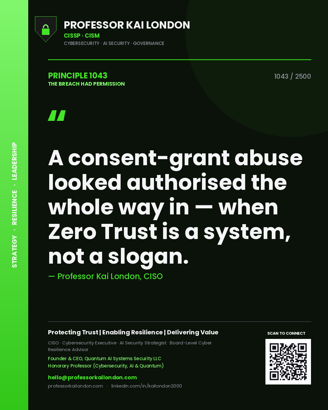 Professor Kai London principle 1043: A consent-grant abuse looked authorised the whole way in — when Zero Trust is a system, not a slogan.