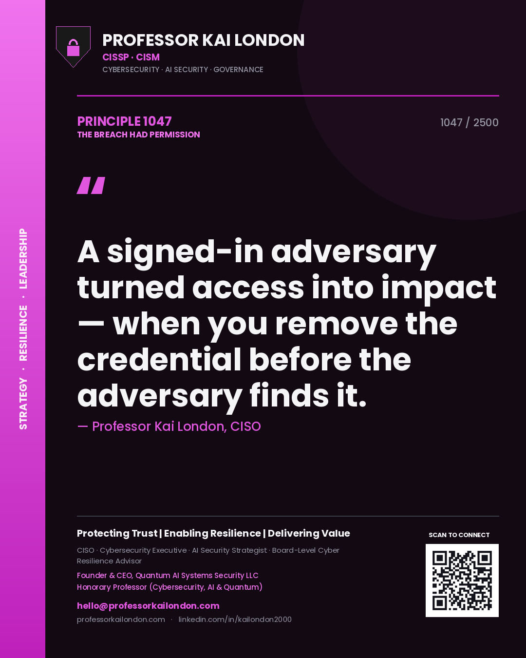 Professor Kai London principle 1047: A signed-in adversary turned access into impact — when you remove the credential before the adversary finds it.