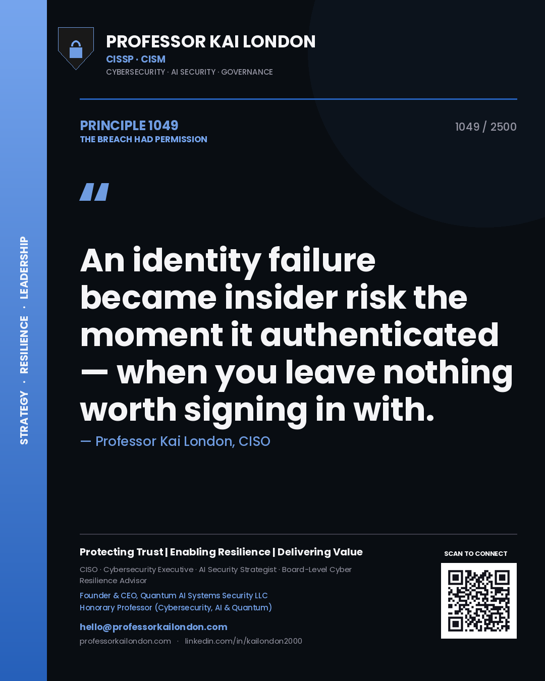 Professor Kai London principle 1049: An identity failure became insider risk the moment it authenticated — when you leave nothing worth signing in with.