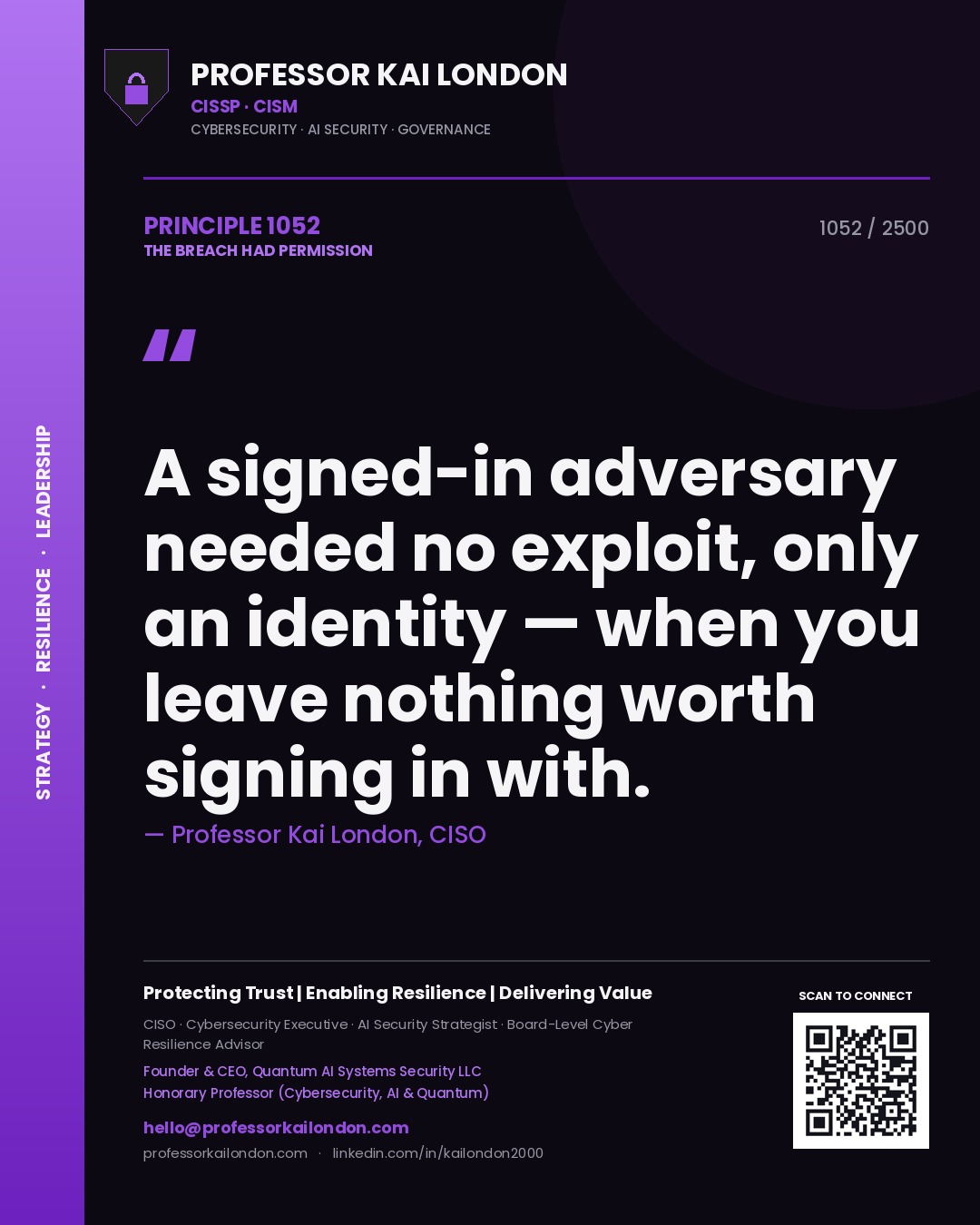 Quote card by Professor Kai London reading 'A signed-in adversary needed no exploit, only an identity — when you leave nothing worth signing in with.'. From the book The Breach Had Permission.