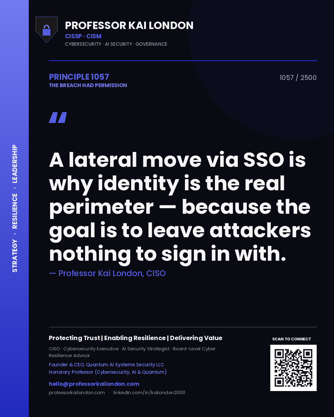 Quote card by Professor Kai London reading 'A lateral move via SSO is why identity is the real perimeter — because the goal is to leave attackers nothing to sign in with.'. From the book The Breach Had Permission.