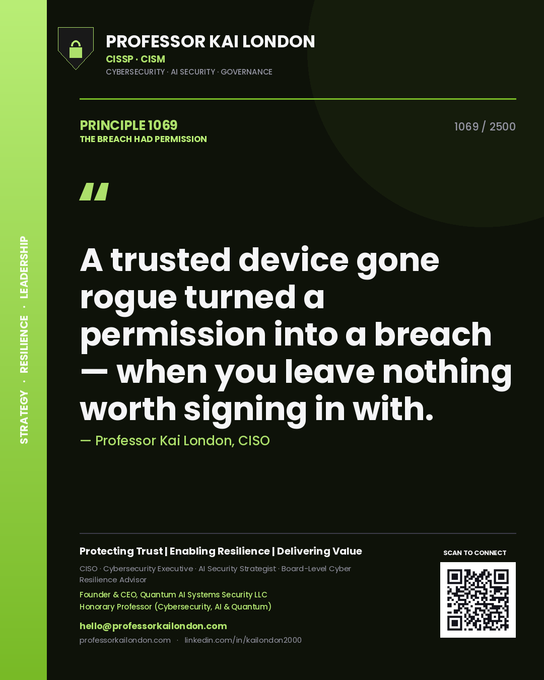 Professor Kai London principle 1069: A trusted device gone rogue turned a permission into a breach — when you leave nothing worth signing in with.