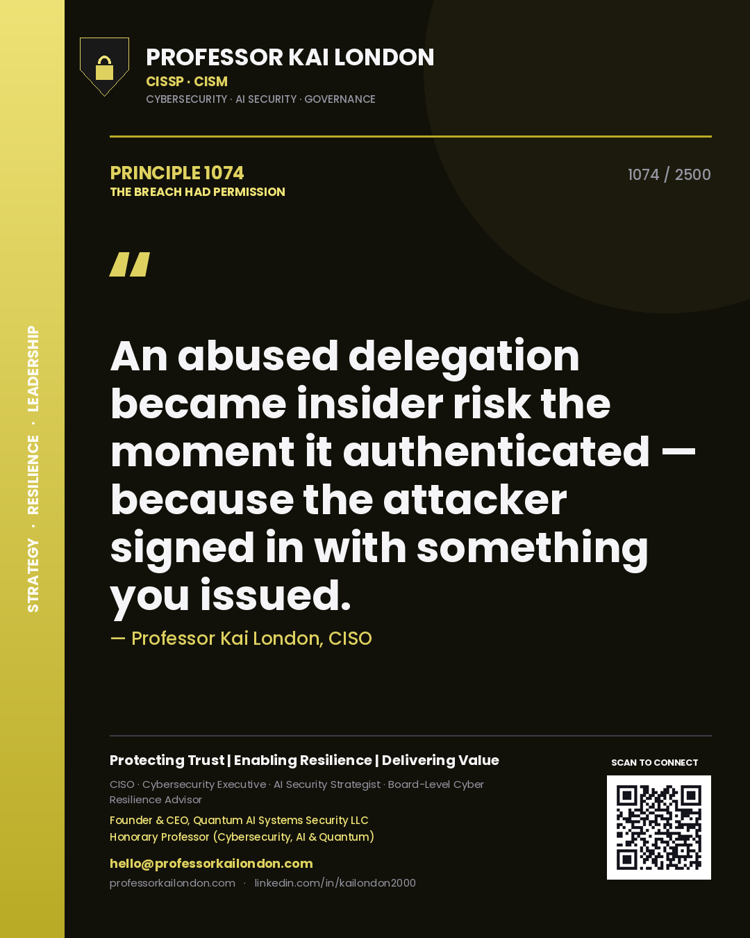 Professor Kai London principle 1074: An abused delegation became insider risk the moment it authenticated — because the attacker signed in with something you issued.