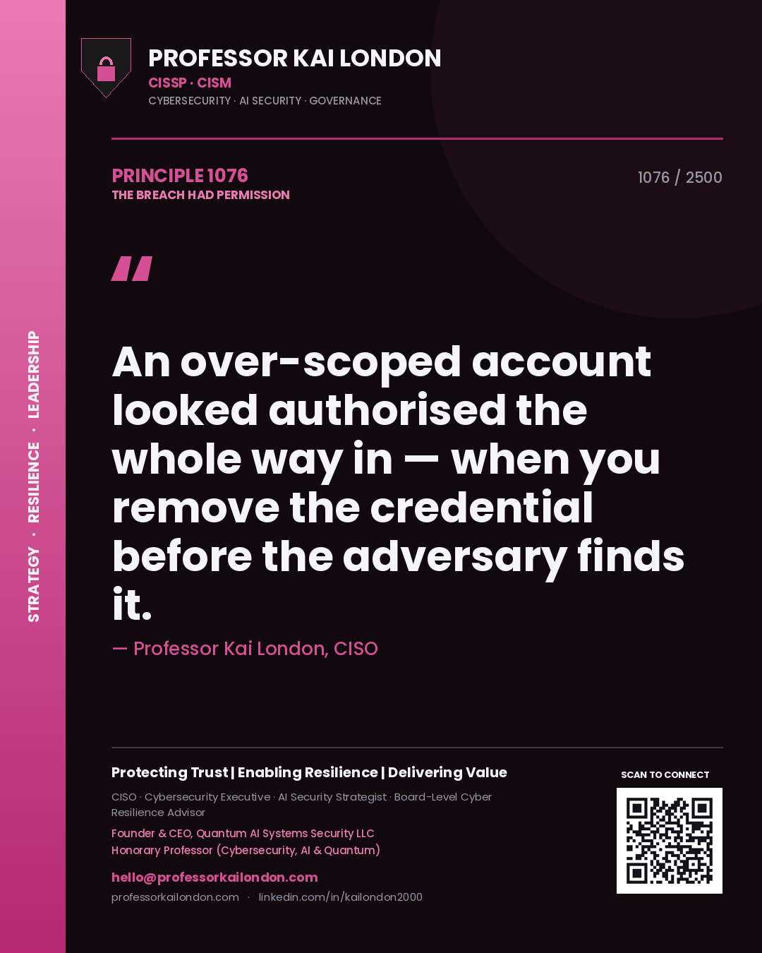 Professor Kai London principle 1076: An over-scoped account looked authorised the whole way in — when you remove the credential before the adversary finds it.