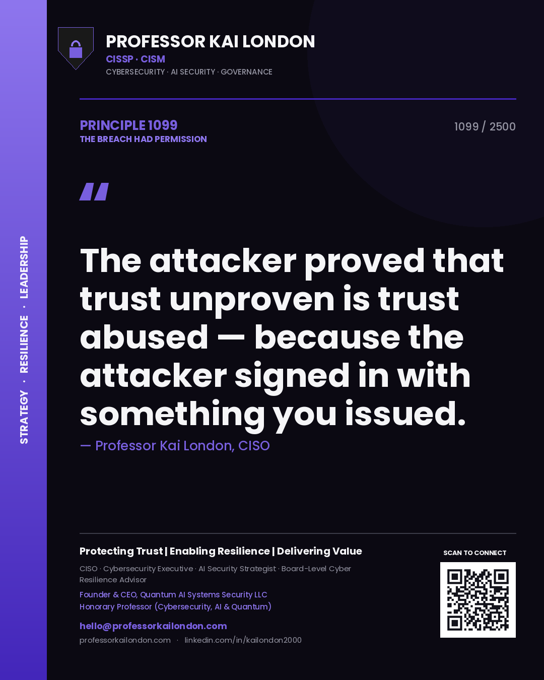 Quote card by Professor Kai London reading 'The attacker proved that trust unproven is trust abused — because the attacker signed in with something you issued.'. From the book The Breach Had Permission.