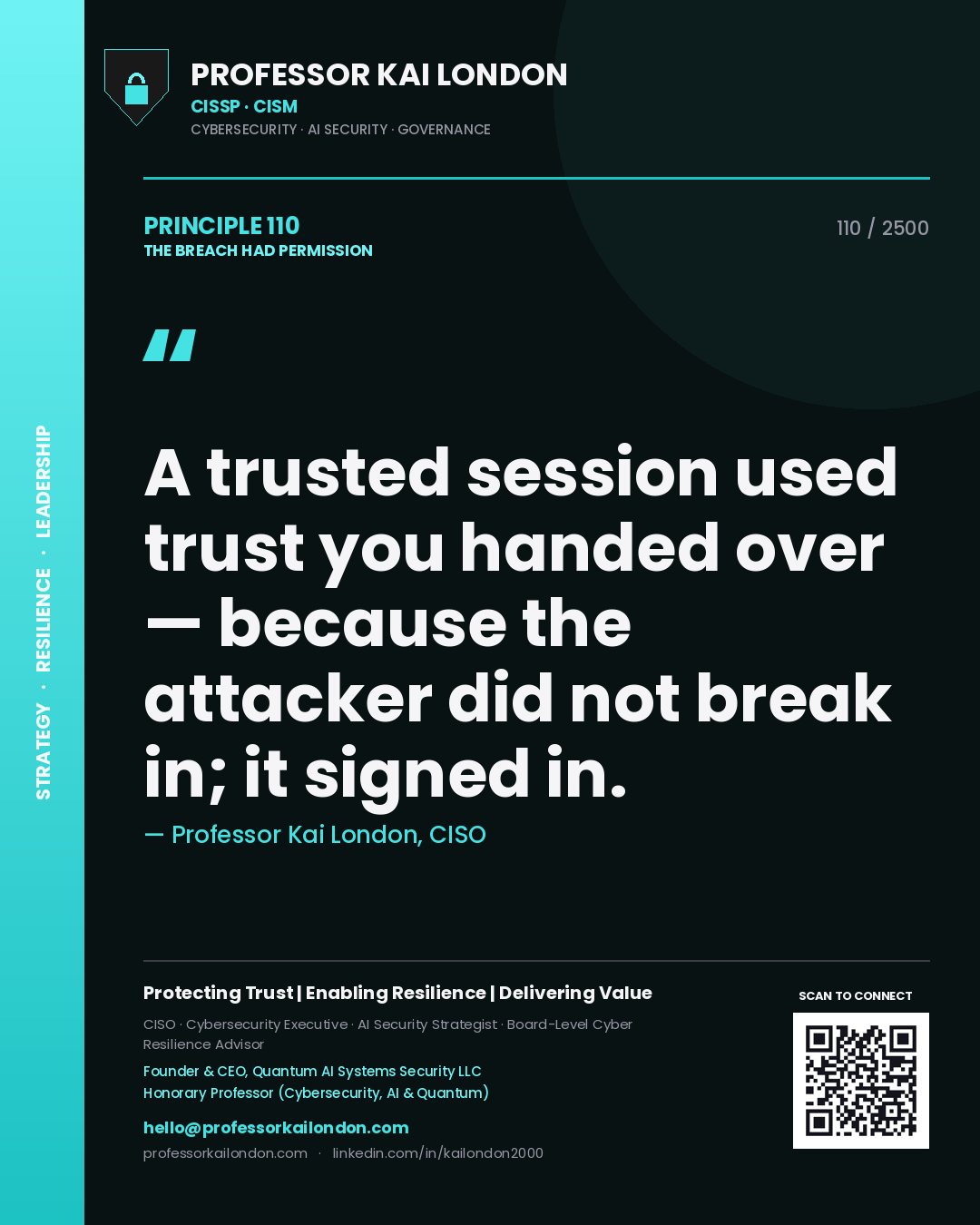 Quote card by Professor Kai London reading 'A trusted session used trust you handed over — because the attacker did not break in; it signed in.'. From the book The Breach Had Permission.