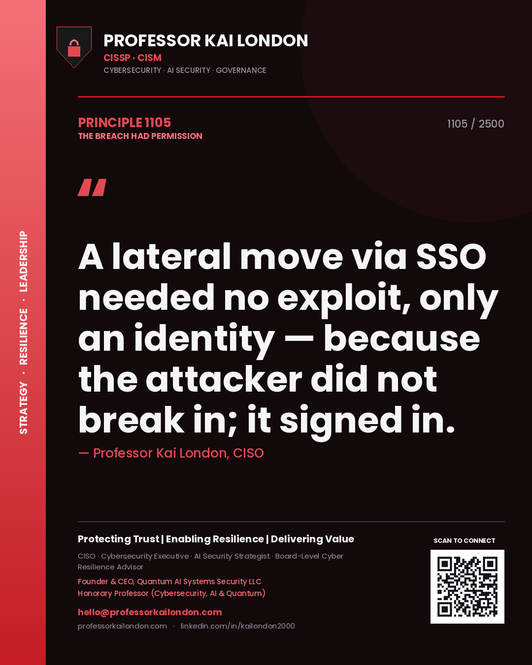 Professor Kai London principle 1105: A lateral move via SSO needed no exploit, only an identity — because the attacker did not break in; it signed in.