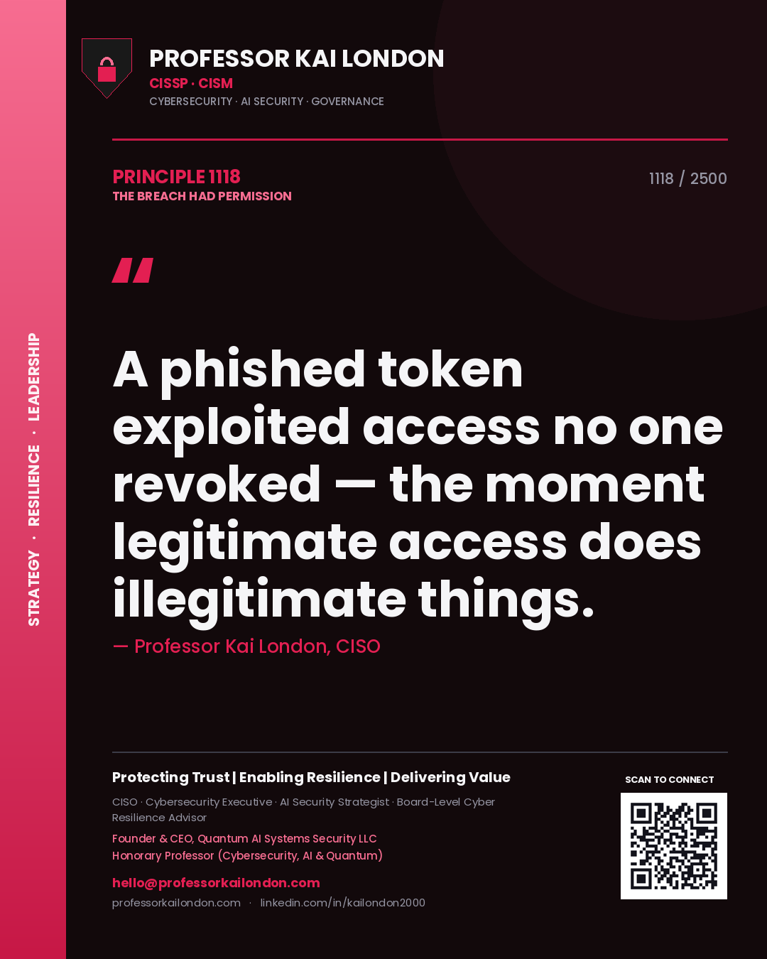 Quote card by Professor Kai London reading 'A phished token exploited access no one revoked — the moment legitimate access does illegitimate things.'. From the book The Breach Had Permission.