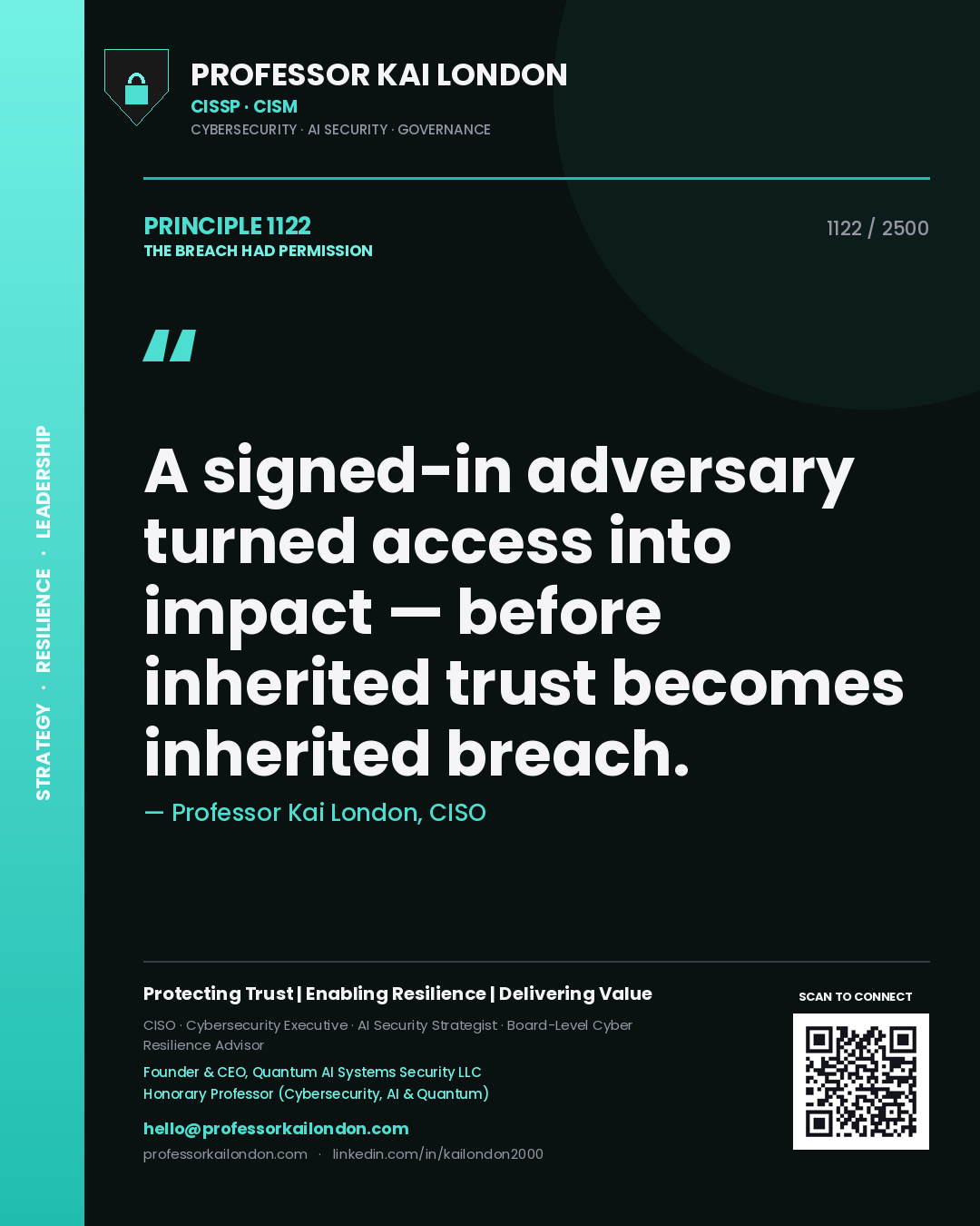 Professor Kai London principle 1122: A signed-in adversary turned access into impact — before inherited trust becomes inherited breach.