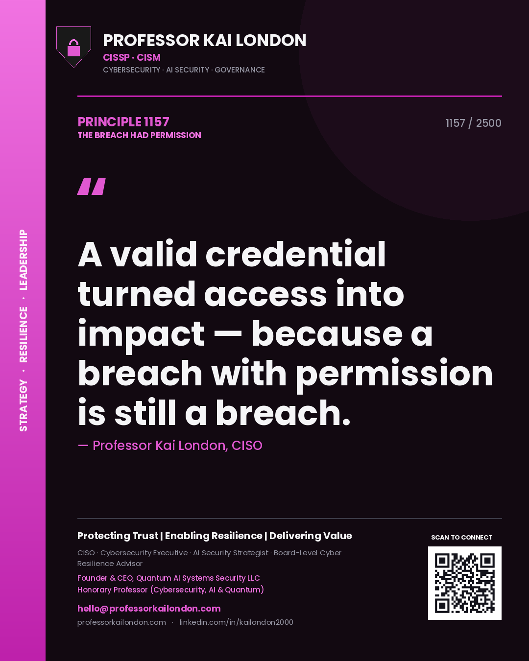 Professor Kai London principle 1157: A valid credential turned access into impact — because a breach with permission is still a breach.