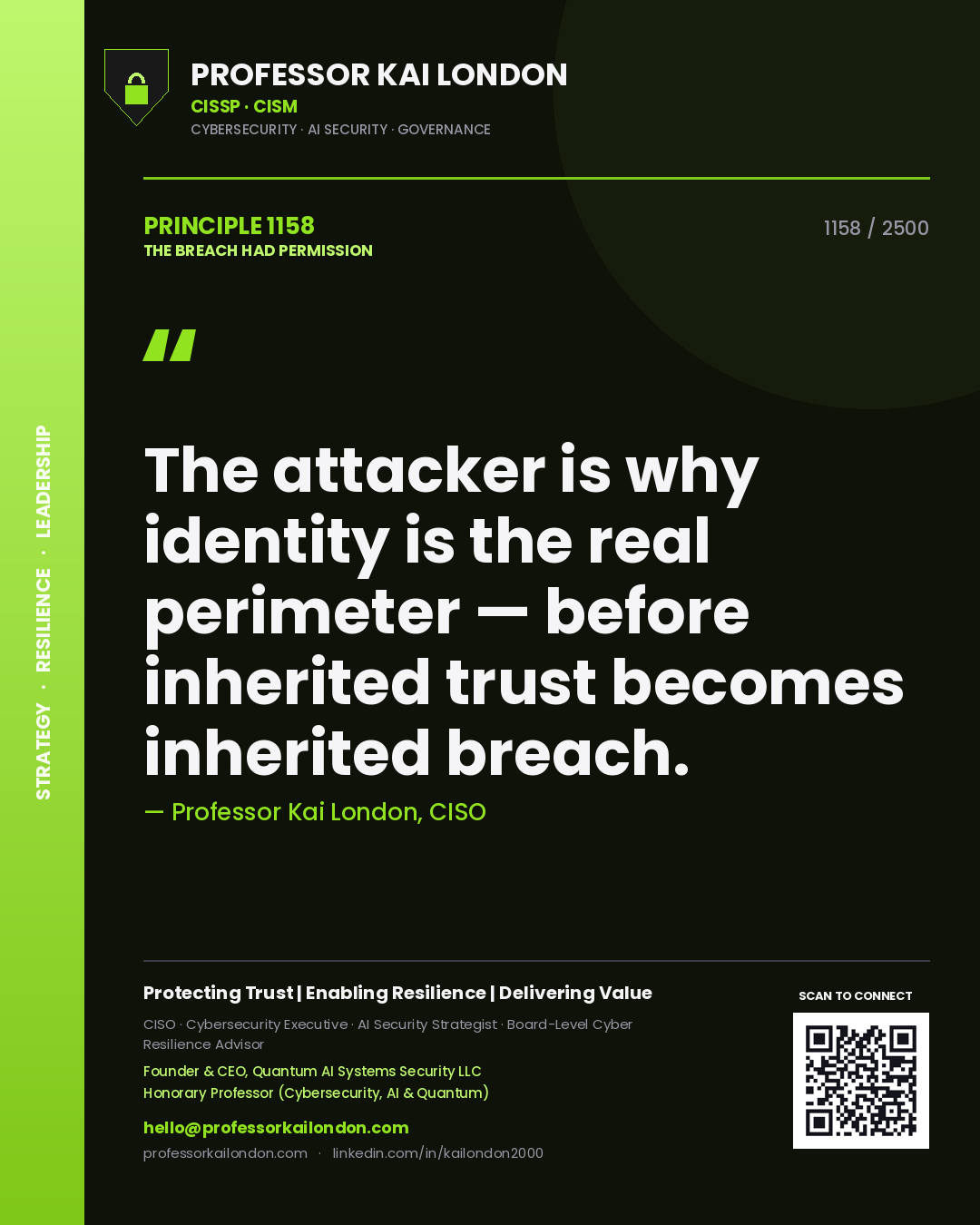 Quote card by Professor Kai London reading 'The attacker is why identity is the real perimeter — before inherited trust becomes inherited breach.'. From the book The Breach Had Permission.