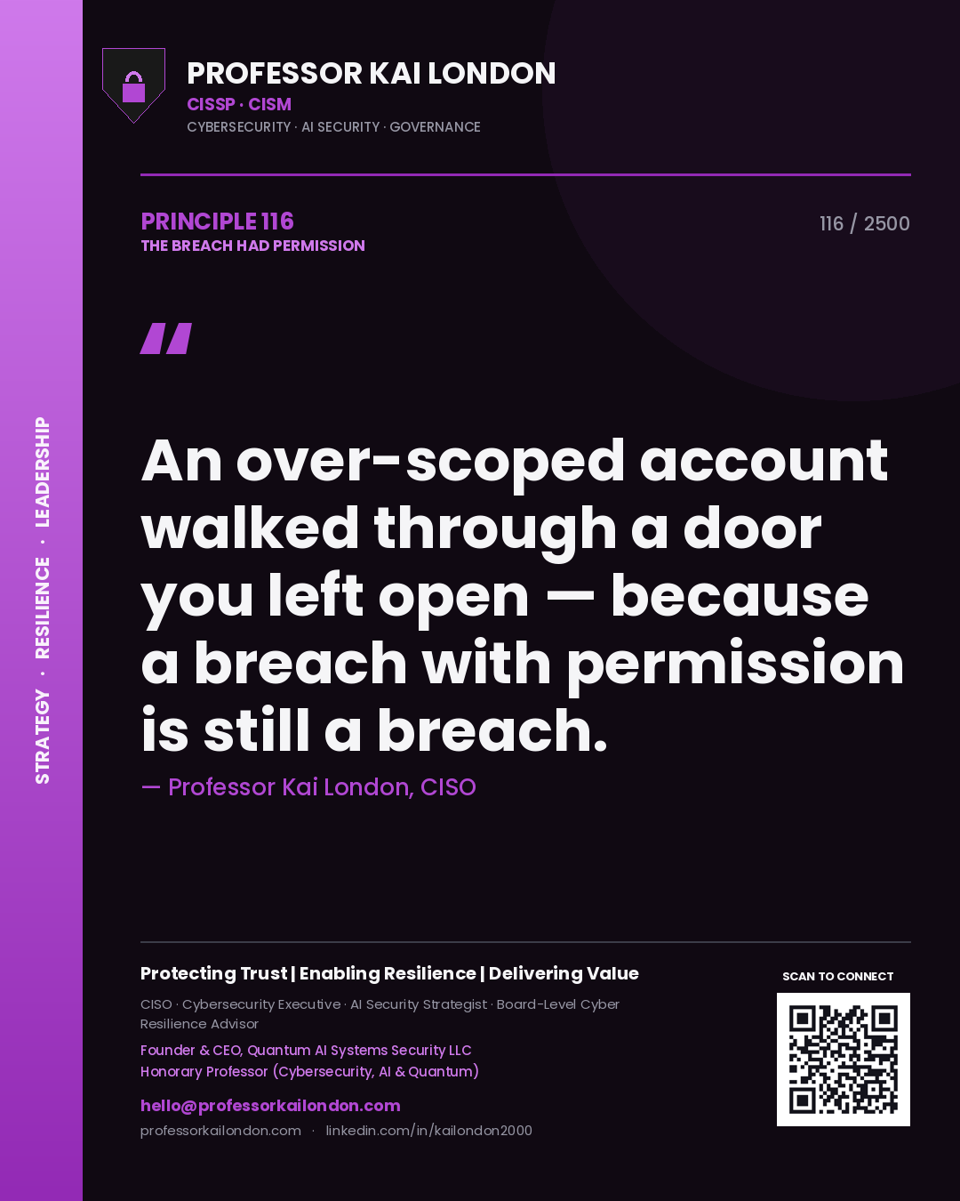 Professor Kai London principle 116: An over-scoped account walked through a door you left open — because a breach with permission is still a breach.