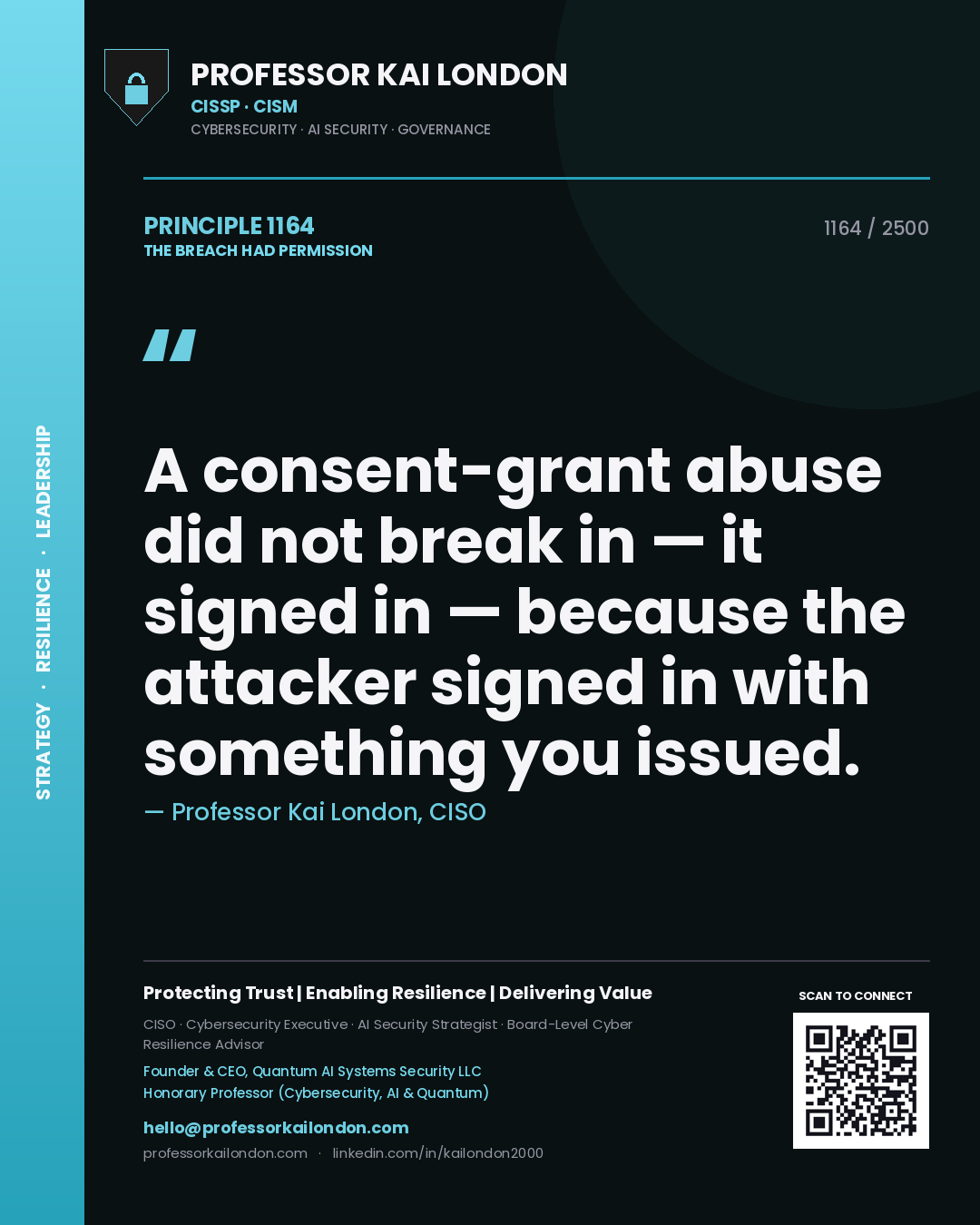 Professor Kai London principle 1164: A consent-grant abuse did not break in — it signed in — because the attacker signed in with something you issued.