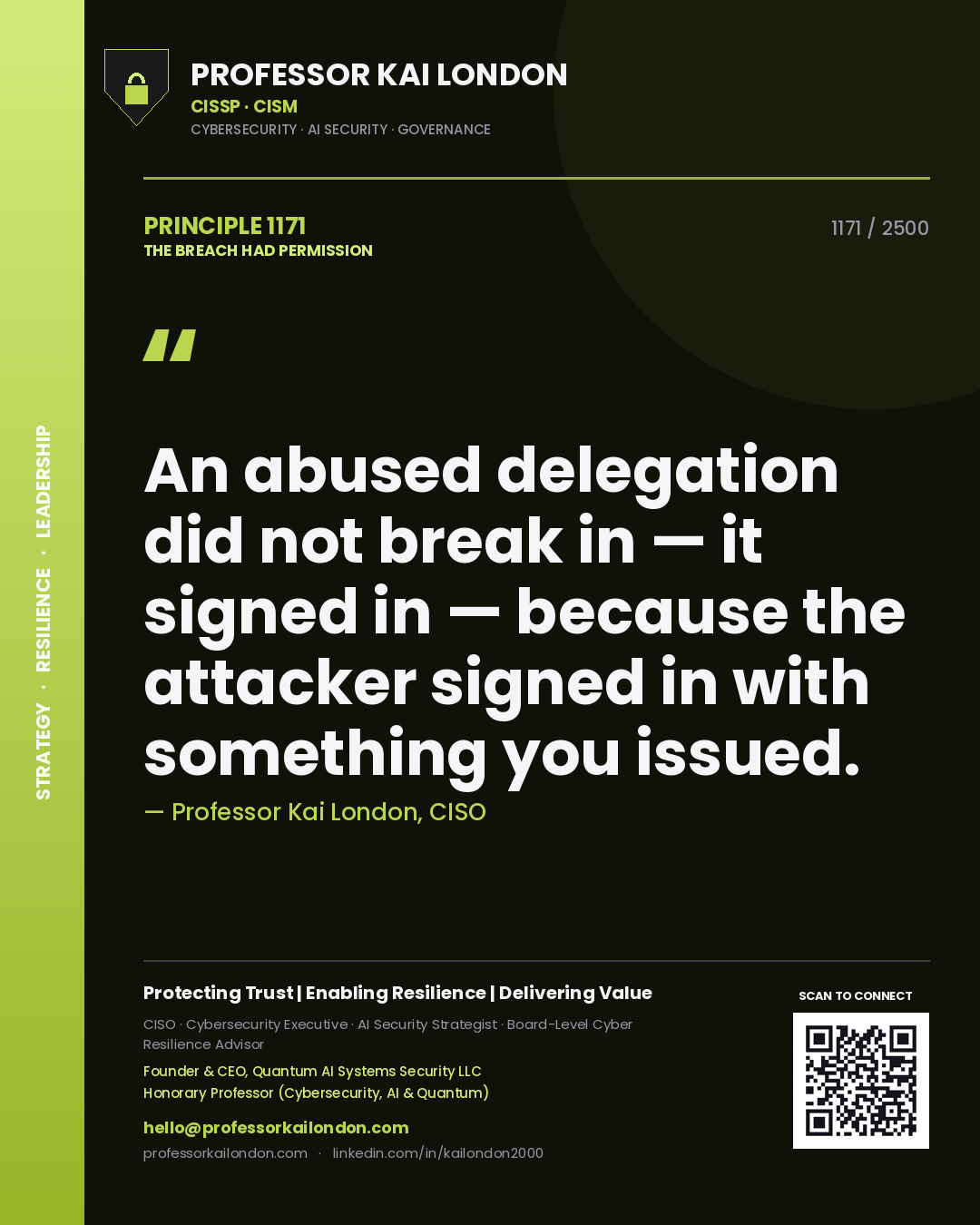 Professor Kai London principle 1171: An abused delegation did not break in — it signed in — because the attacker signed in with something you issued.