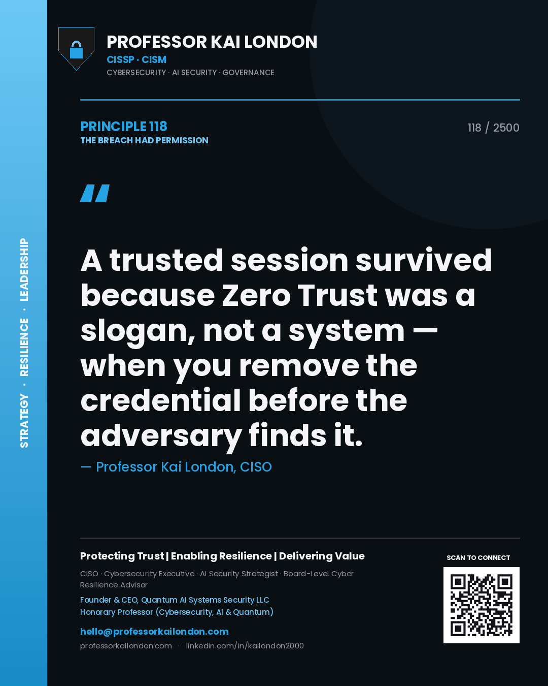 Professor Kai London principle 118: A trusted session survived because Zero Trust was a slogan, not a system — when you remove the credential before the adversary finds it.