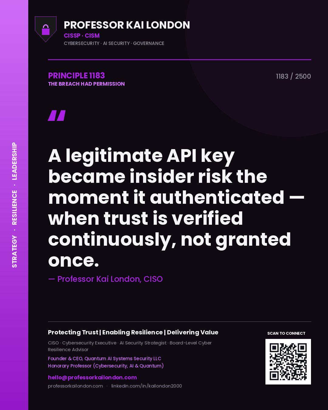 Professor Kai London principle 1183: A legitimate API key became insider risk the moment it authenticated — when trust is verified continuously, not granted once.