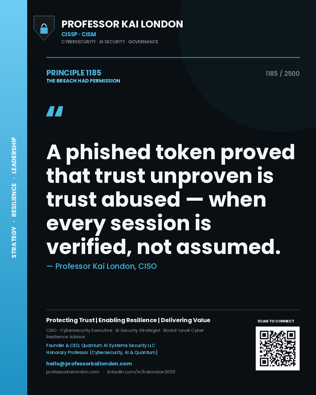 Quote card by Professor Kai London reading 'A phished token proved that trust unproven is trust abused — when every session is verified, not assumed.'. From the book The Breach Had Permission.