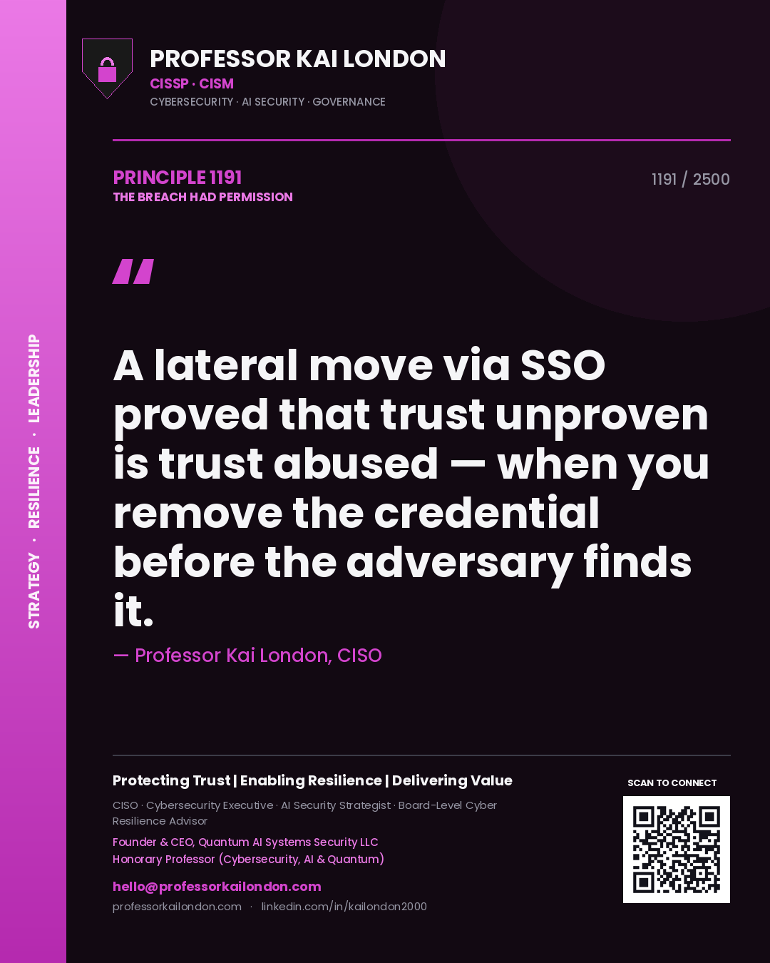 Professor Kai London principle 1191: A lateral move via SSO proved that trust unproven is trust abused — when you remove the credential before the adversary finds it.