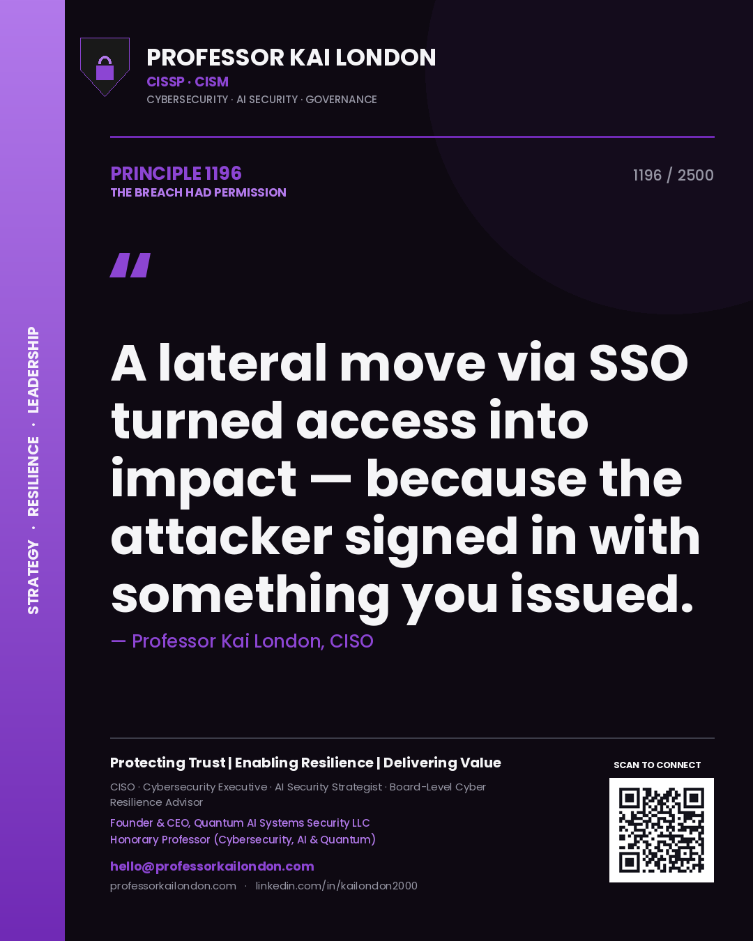 Professor Kai London principle 1196: A lateral move via SSO turned access into impact — because the attacker signed in with something you issued.