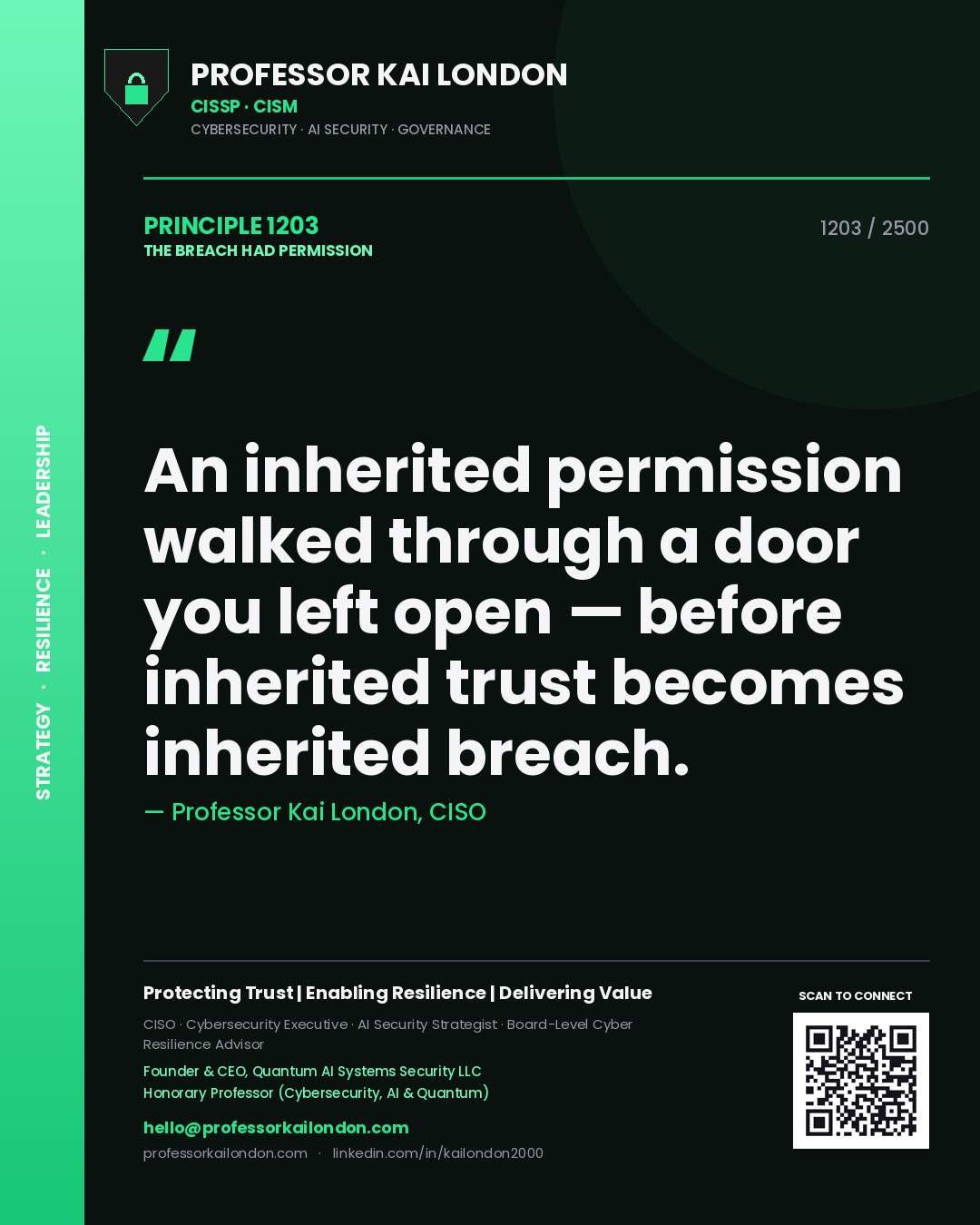 Professor Kai London principle 1203: An inherited permission walked through a door you left open — before inherited trust becomes inherited breach.