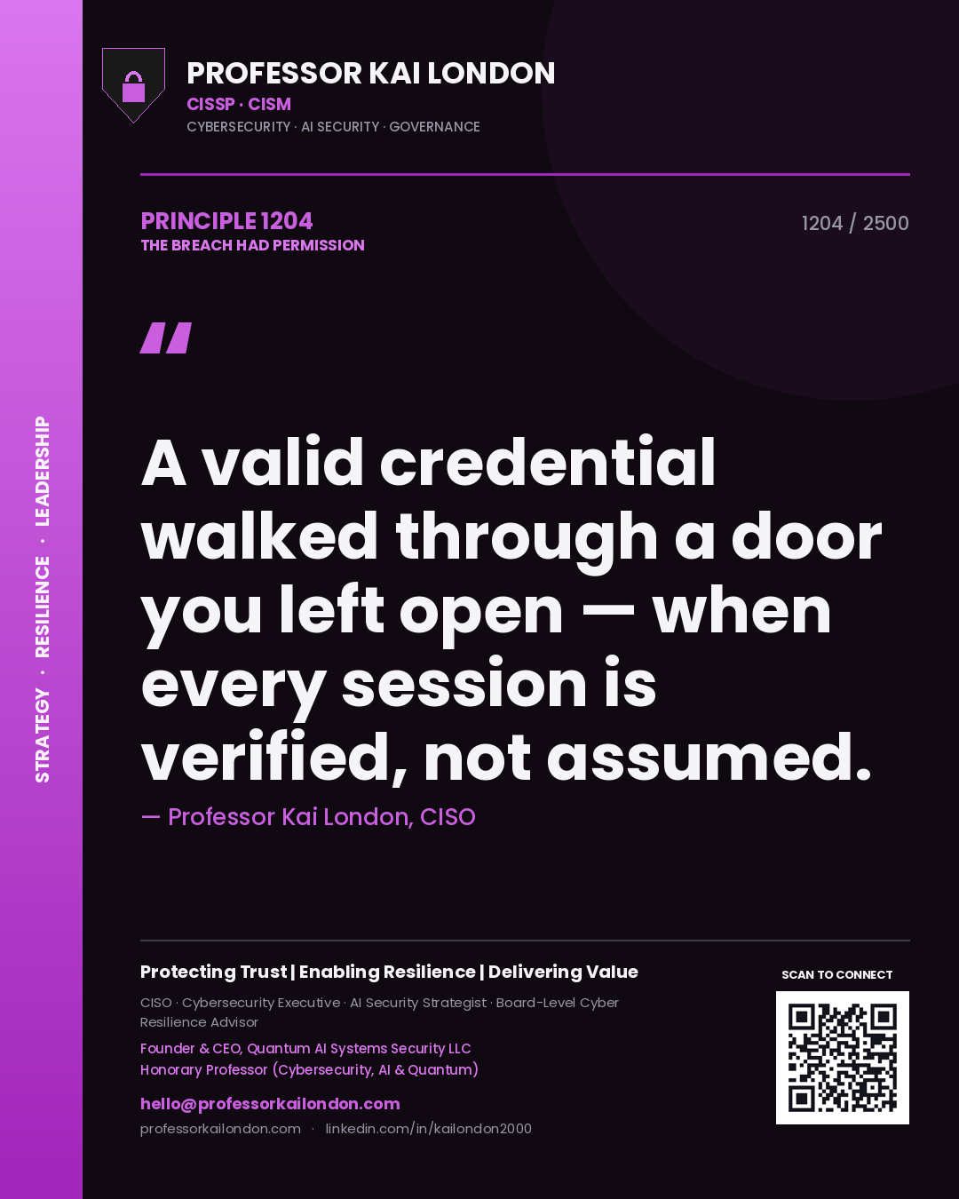 Quote card by Professor Kai London reading 'A valid credential walked through a door you left open — when every session is verified, not assumed.'. From the book The Breach Had Permission.