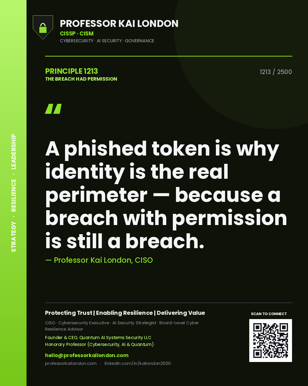 Professor Kai London principle 1213: A phished token is why identity is the real perimeter — because a breach with permission is still a breach.