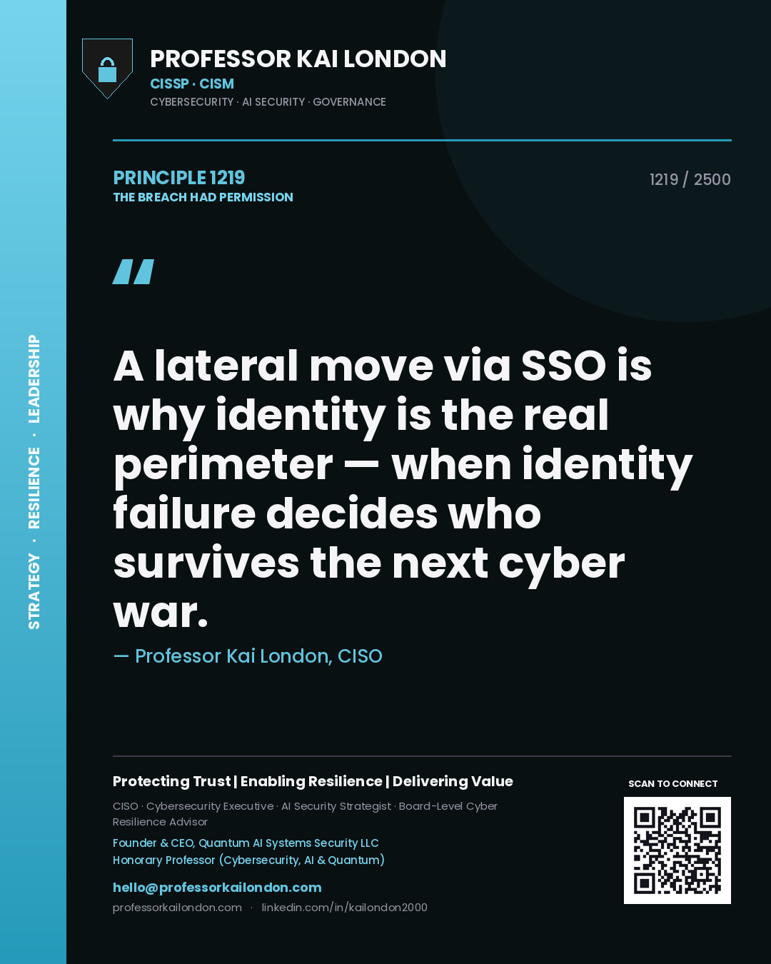 Professor Kai London principle 1219: A lateral move via SSO is why identity is the real perimeter — when identity failure decides who survives the next cyber war.