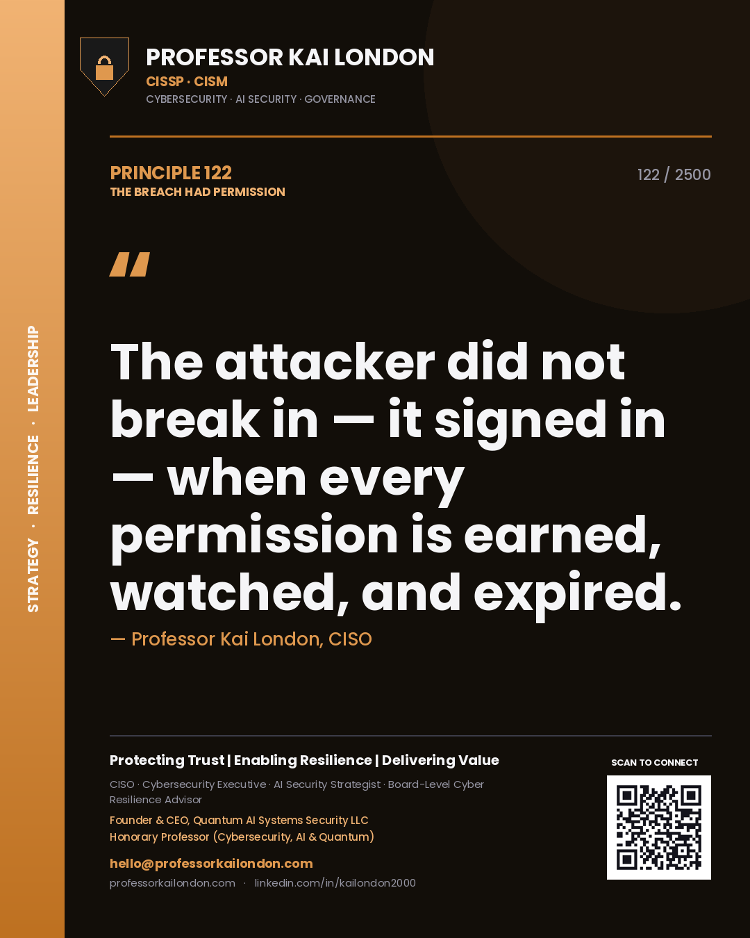 Professor Kai London principle 122: The attacker did not break in — it signed in — when every permission is earned, watched, and expired.