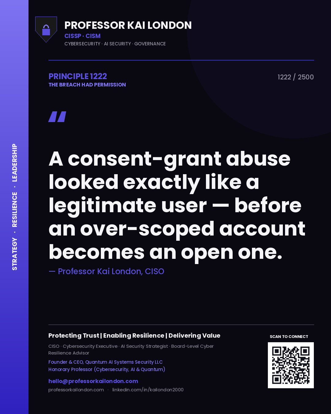 Professor Kai London principle 1222: A consent-grant abuse looked exactly like a legitimate user — before an over-scoped account becomes an open one.