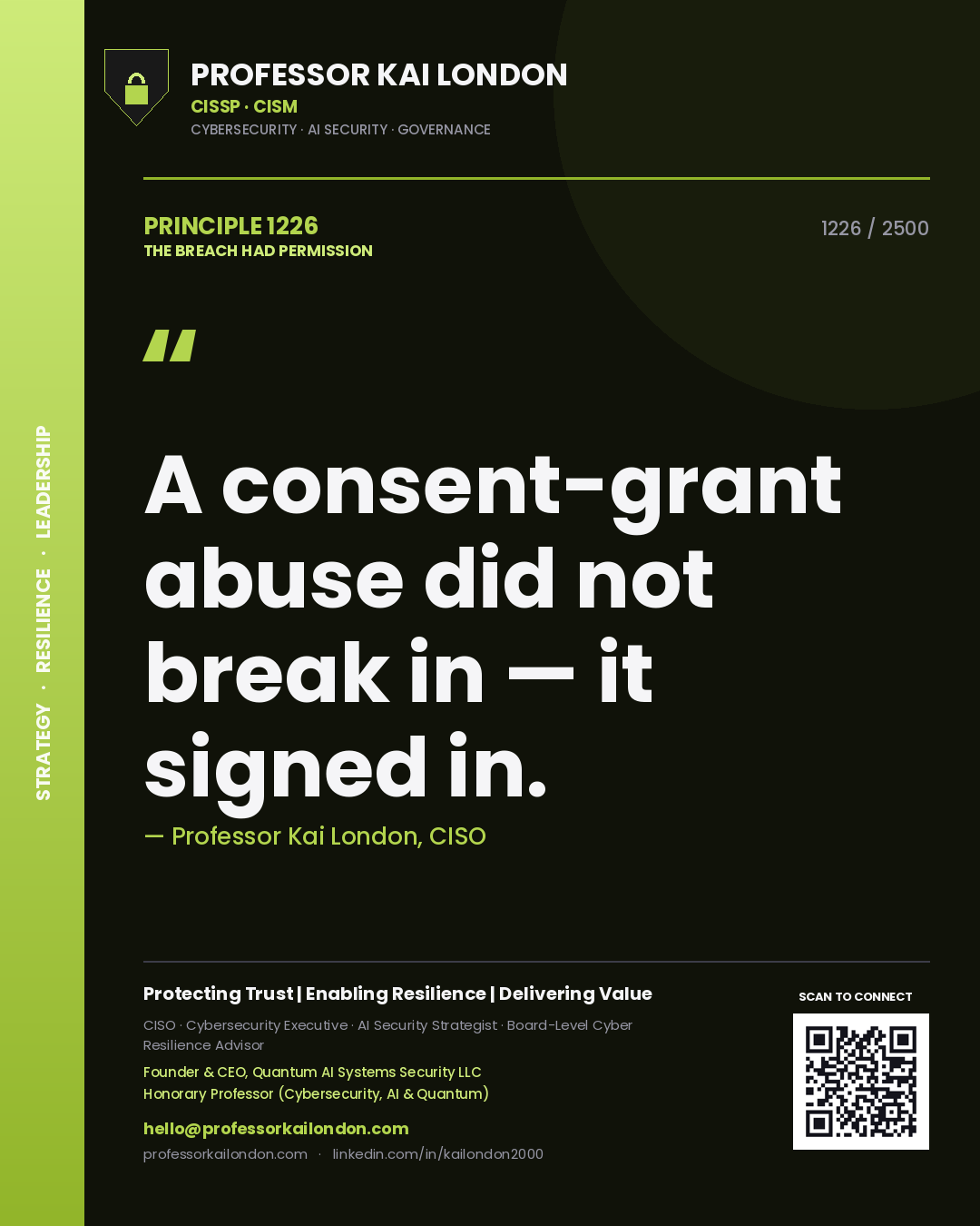 Quote card by Professor Kai London reading 'A consent-grant abuse did not break in — it signed in.'. From the book The Breach Had Permission.