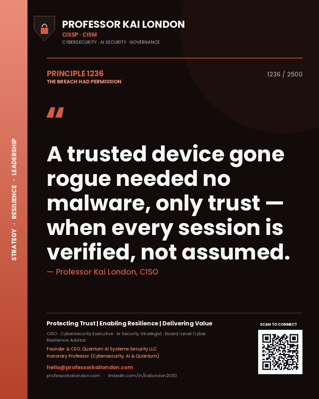 Professor Kai London principle 1236: A trusted device gone rogue needed no malware, only trust — when every session is verified, not assumed.