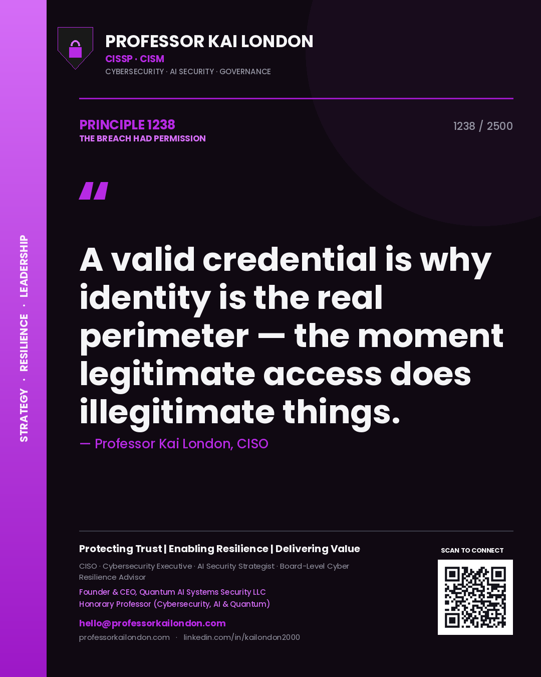 Professor Kai London principle 1238: A valid credential is why identity is the real perimeter — the moment legitimate access does illegitimate things.