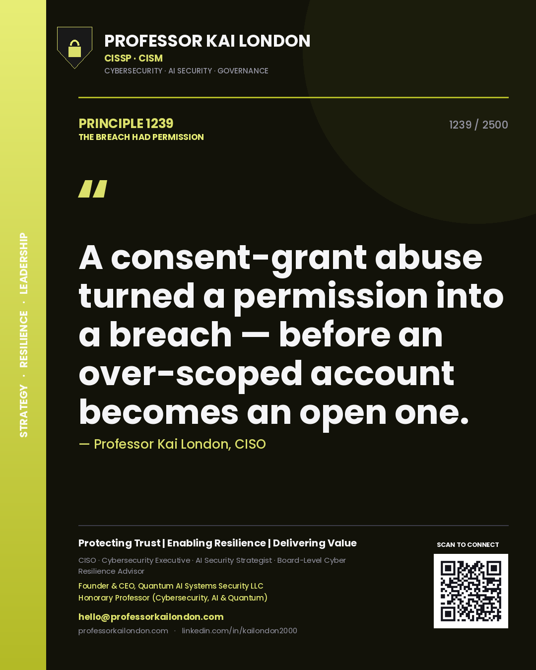 Quote card by Professor Kai London reading 'A consent-grant abuse turned a permission into a breach — before an over-scoped account becomes an open one.'. From the book The Breach Had Permission.