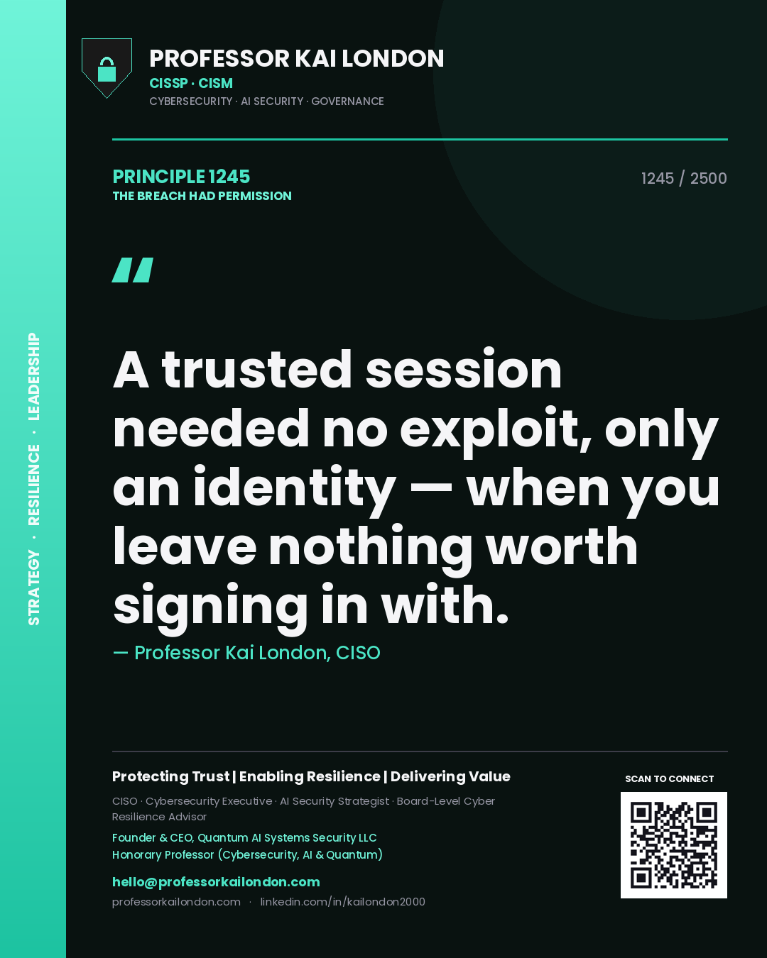 Quote card by Professor Kai London reading 'A trusted session needed no exploit, only an identity — when you leave nothing worth signing in with.'. From the book The Breach Had Permission.