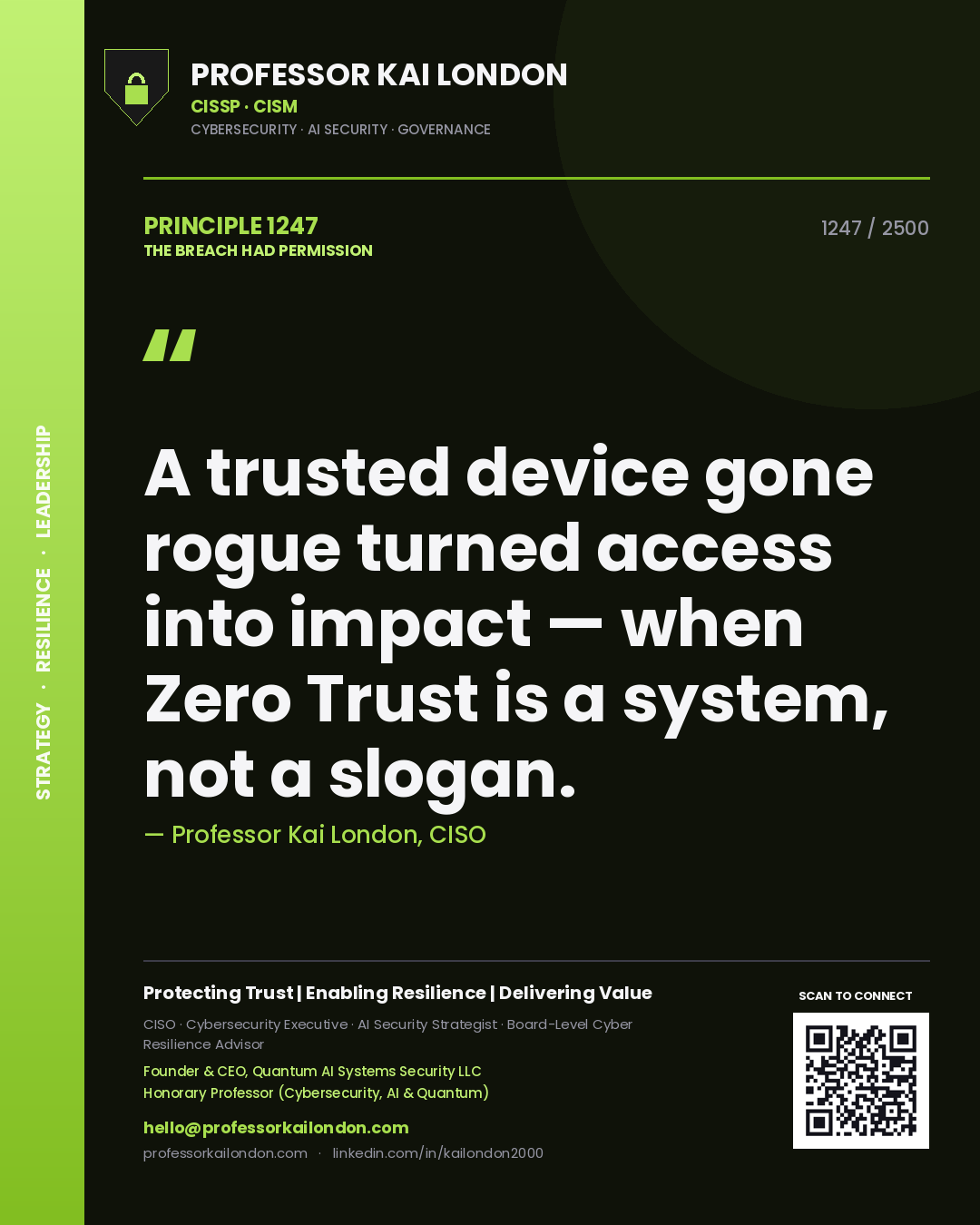 Professor Kai London principle 1247: A trusted device gone rogue turned access into impact — when Zero Trust is a system, not a slogan.