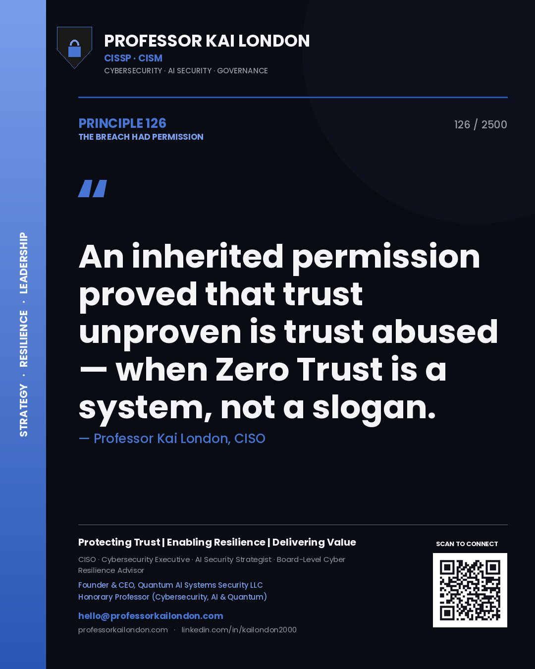 Quote card by Professor Kai London reading 'An inherited permission proved that trust unproven is trust abused — when Zero Trust is a system, not a slogan.'. From the book The Breach Had Permission.