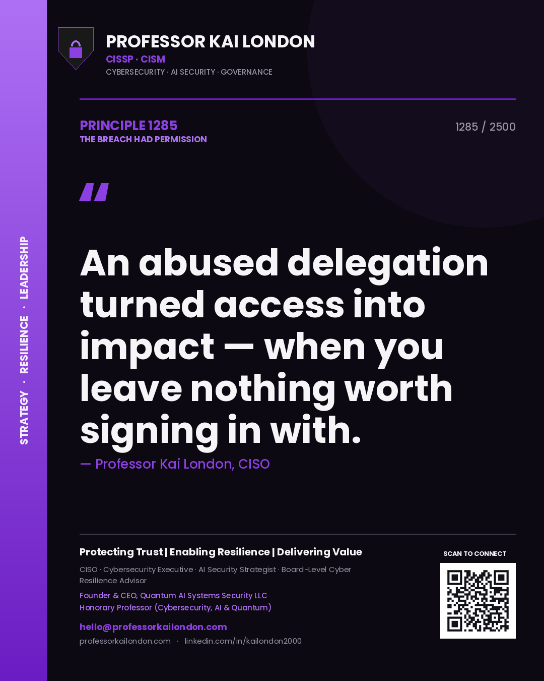 Quote card by Professor Kai London reading 'An abused delegation turned access into impact — when you leave nothing worth signing in with.'. From the book The Breach Had Permission.