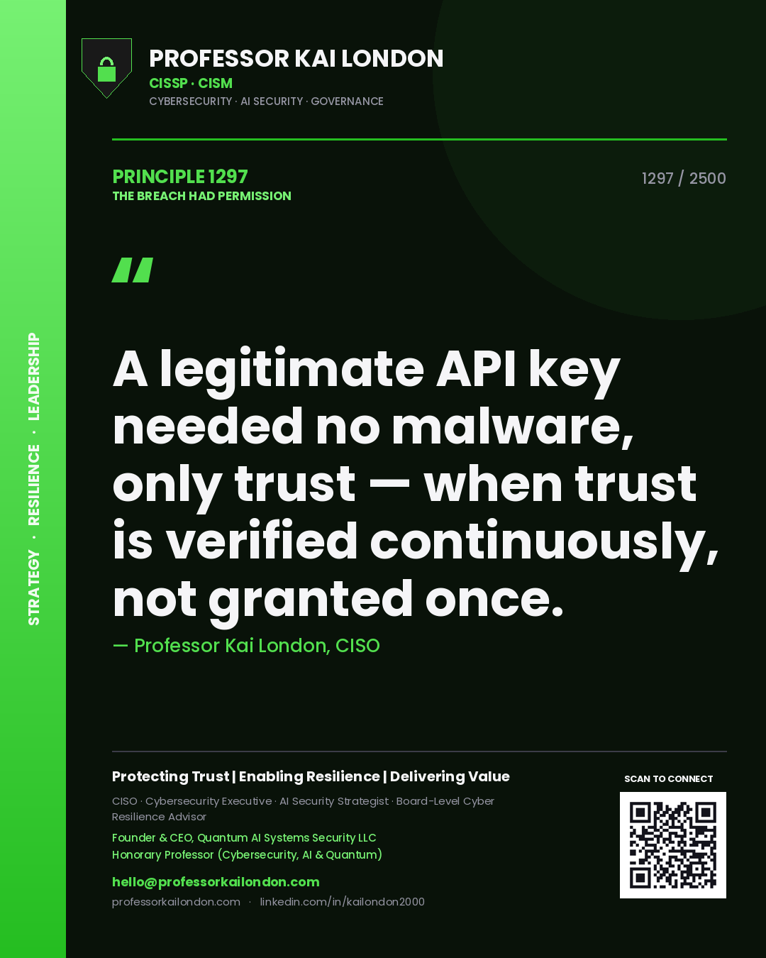 Quote card by Professor Kai London reading 'A legitimate API key needed no malware, only trust — when trust is verified continuously, not granted once.'. From the book The Breach Had Permission.