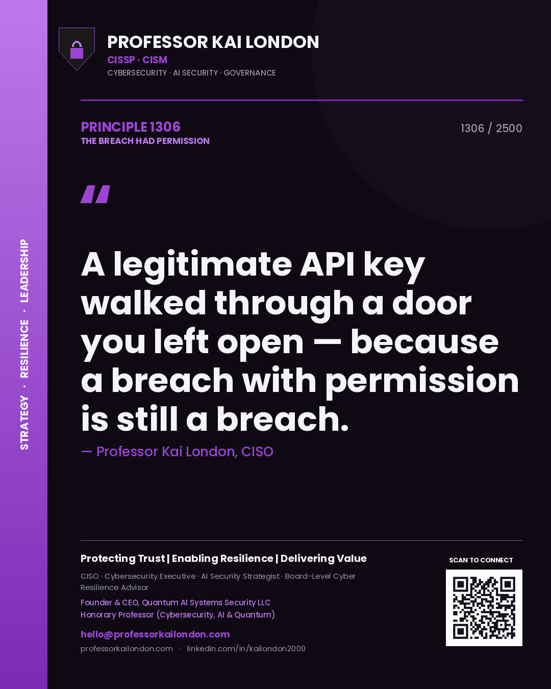 Professor Kai London principle 1306: A legitimate API key walked through a door you left open — because a breach with permission is still a breach.