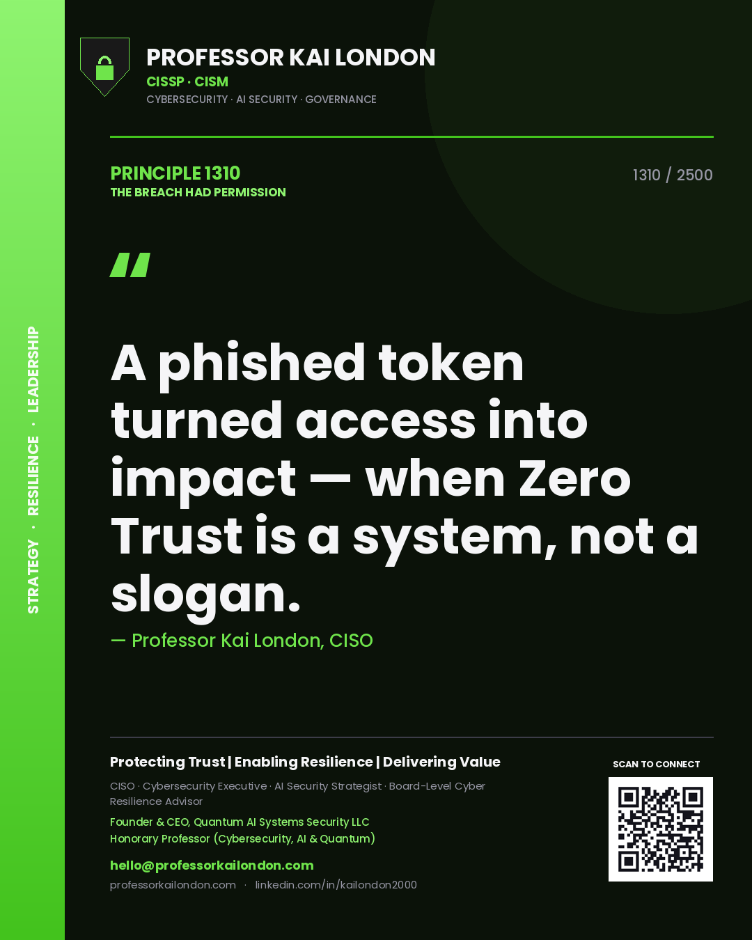 Professor Kai London principle 1310: A phished token turned access into impact — when Zero Trust is a system, not a slogan.