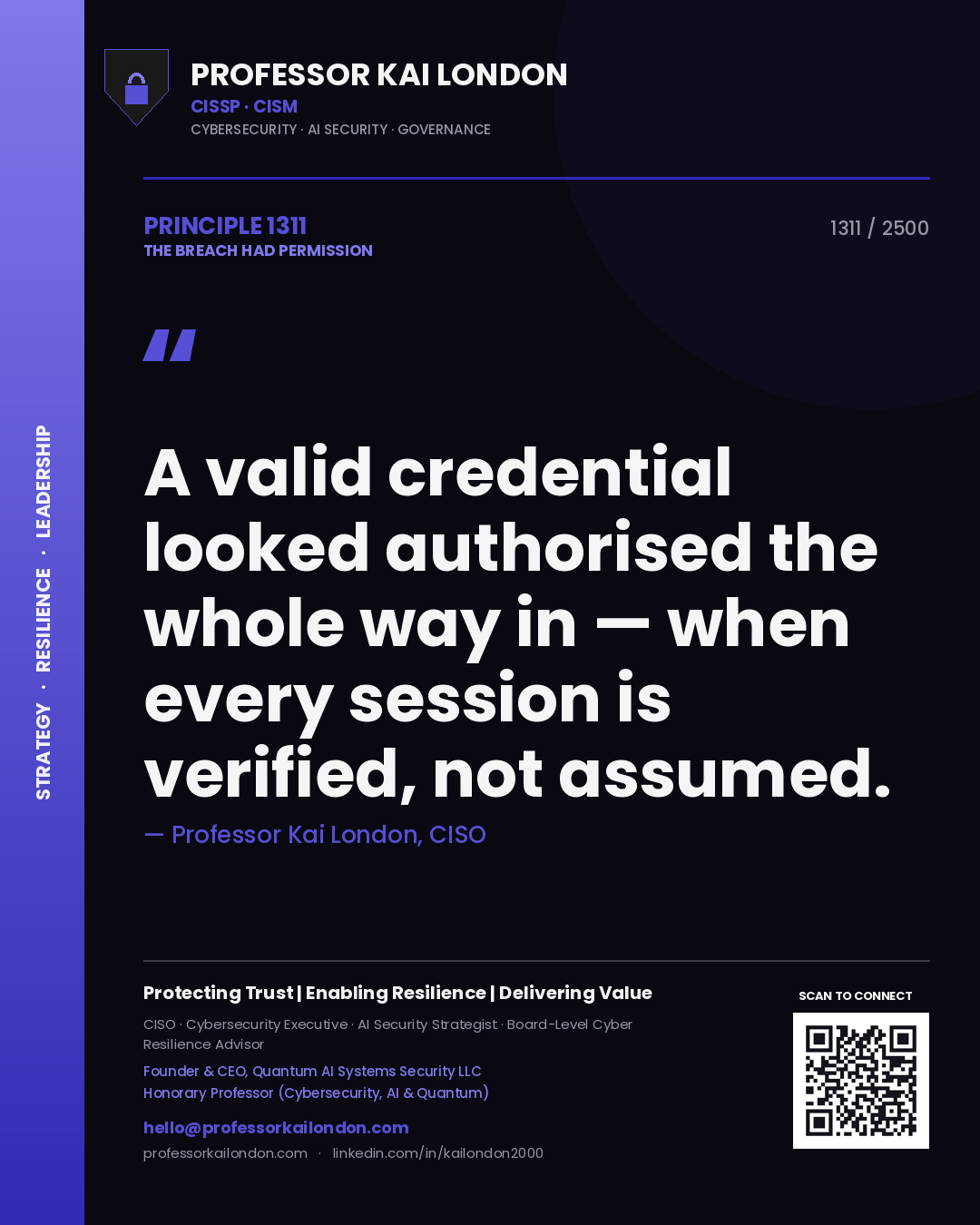 Professor Kai London principle 1311: A valid credential looked authorised the whole way in — when every session is verified, not assumed.