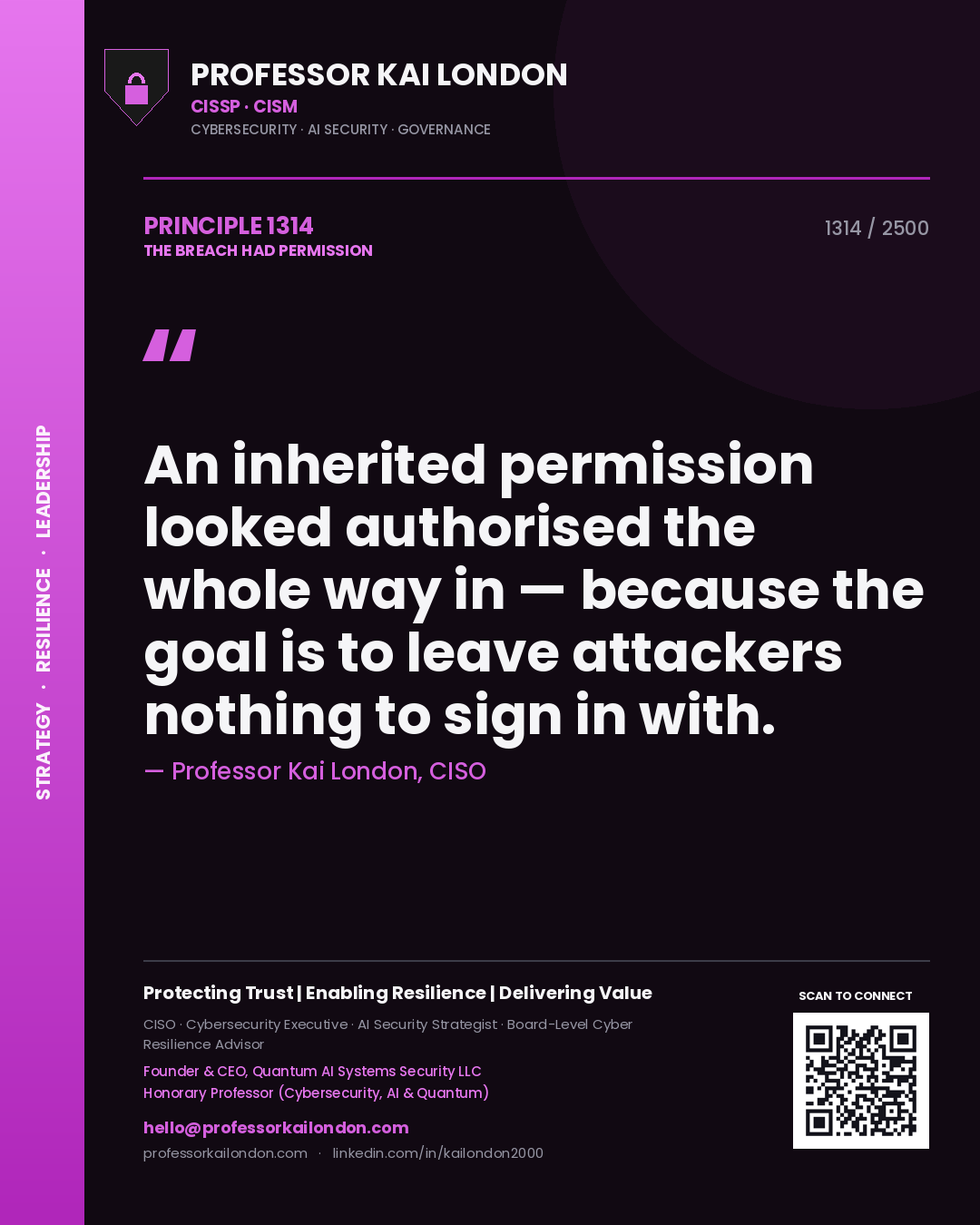 Professor Kai London principle 1314: An inherited permission looked authorised the whole way in — because the goal is to leave attackers nothing to sign in with.