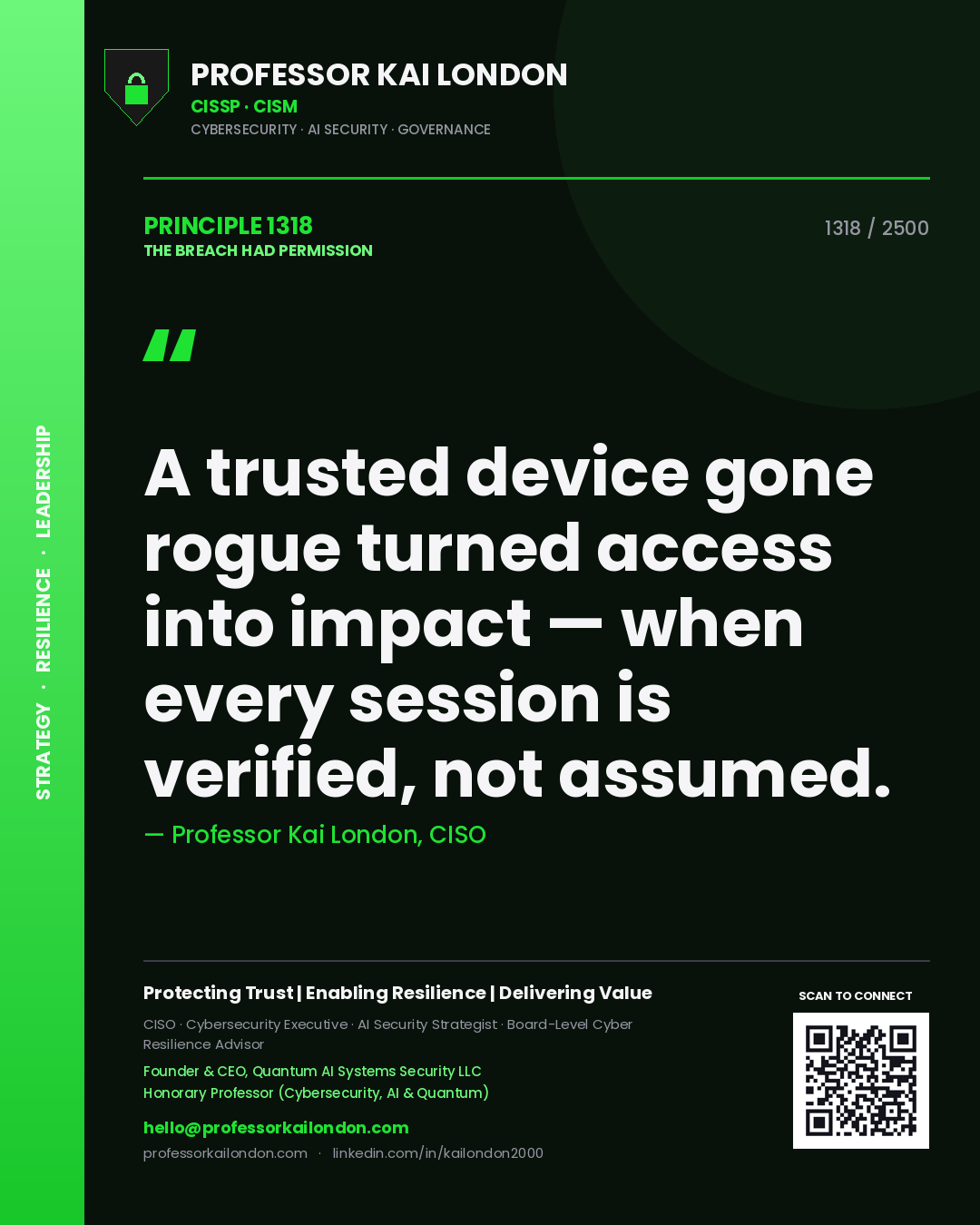 Professor Kai London principle 1318: A trusted device gone rogue turned access into impact — when every session is verified, not assumed.