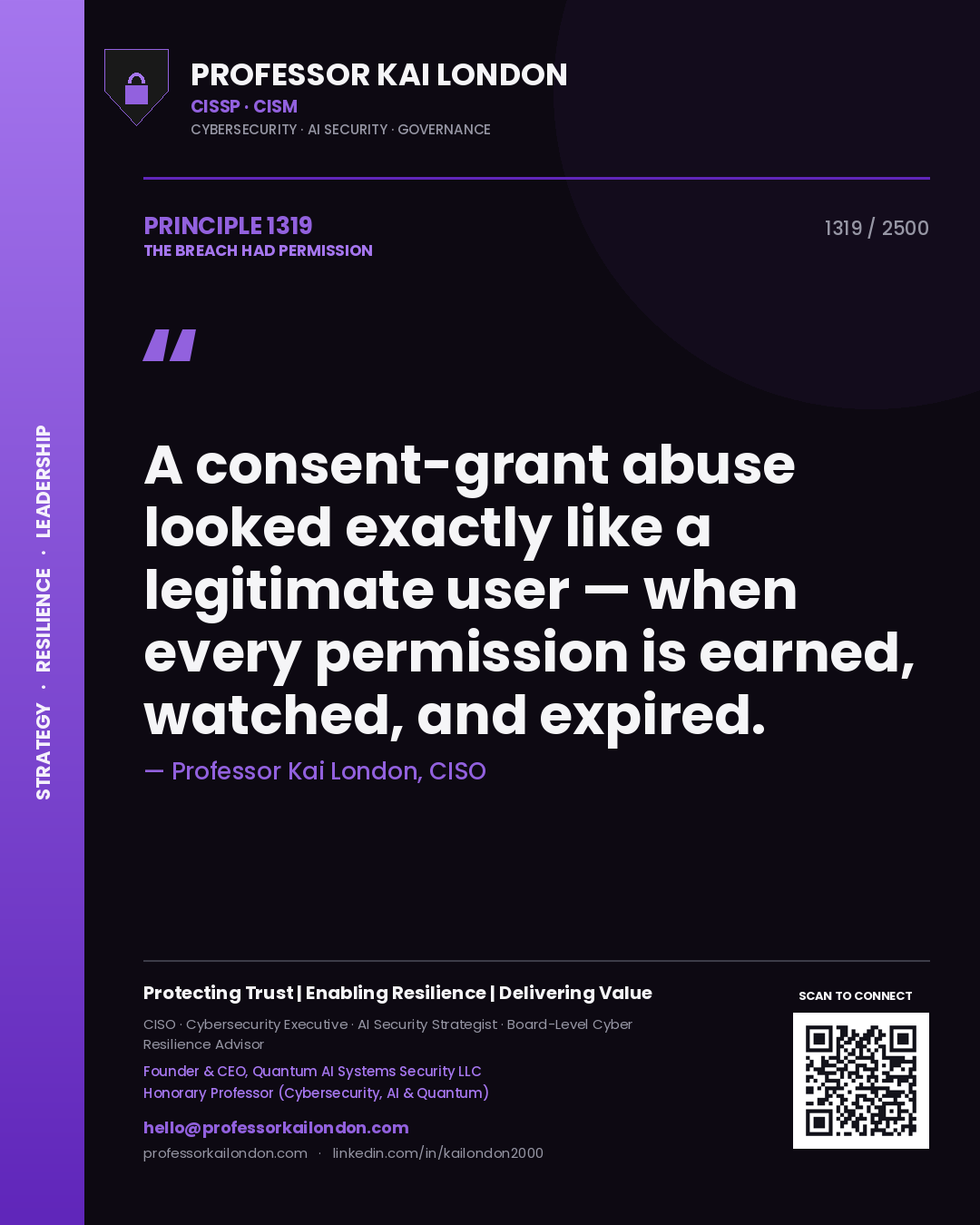 Professor Kai London principle 1319: A consent-grant abuse looked exactly like a legitimate user — when every permission is earned, watched, and expired.